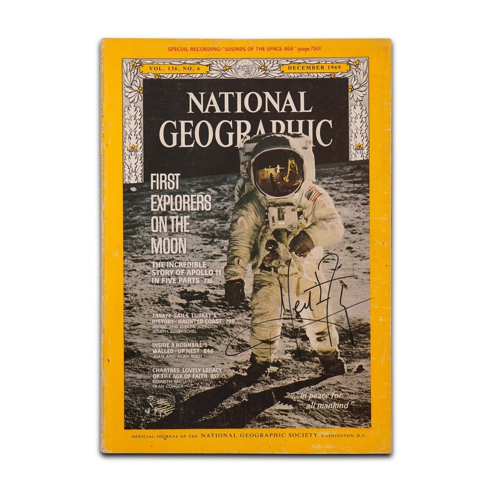 NEIL ARMSTRONG SIGNED NATIONAL GEOGRAPHIC MAGAZINE (DECEMBER 1969): 10 x 7 in (25.4 x 17.7 cm) Provenance and Authentication: This collectible has undergone a rigorous forensic evaluation. The signatures were carefully analyzed across multiple criteria, including ink