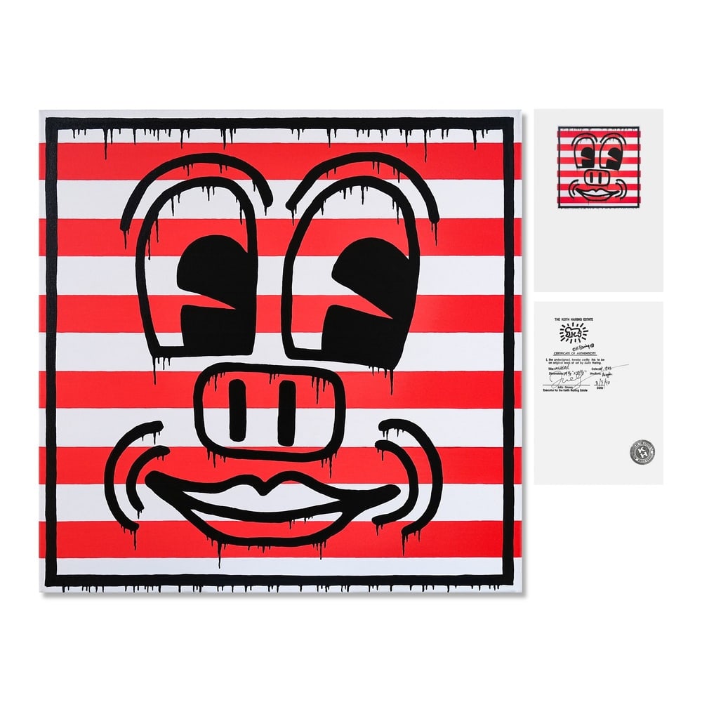 KEITH HARING (1958-1990), ATTRIBUTED TO, ACRYLIC ON CANVAS: Signed (verso) Image Dimensions: 39 3/8 x 39 3/8 in (100 x 100 cm) This painting comes with COA. Keith Haring was one of the most influential figures of the 1980s American art scene, whose bold