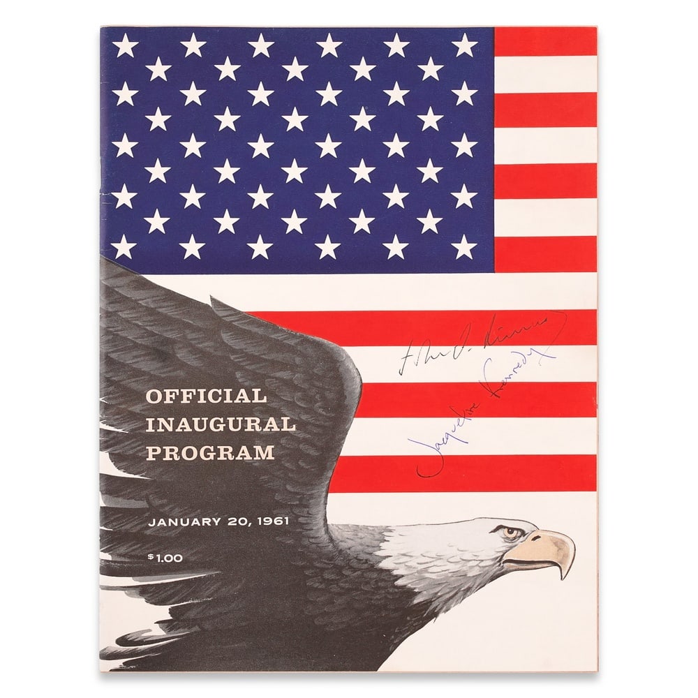 JOHN F. KENNEDY & JACQUELINE KENNEDY SIGNED 1961 PRESIDENTIAL INAUGURATION OFFICIAL PROGRAM: 11 1/8 x 8 1/4 in (28.4 x 21 cm) Provenance and Authentication: This collectible has undergone a rigorous forensic evaluation. The signatures were carefully analyzed across multiple criteria,