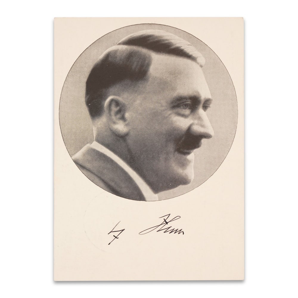 ADOLF HITLER SIGNED POSTCARD: 5 7/8 x 4 1/8 in (14.8 x 10.5 cm) A signed portrait postcard of Adolf Hitler represents a historically charged and highly specialized category of political memorabilia, directly tied to one of the mos