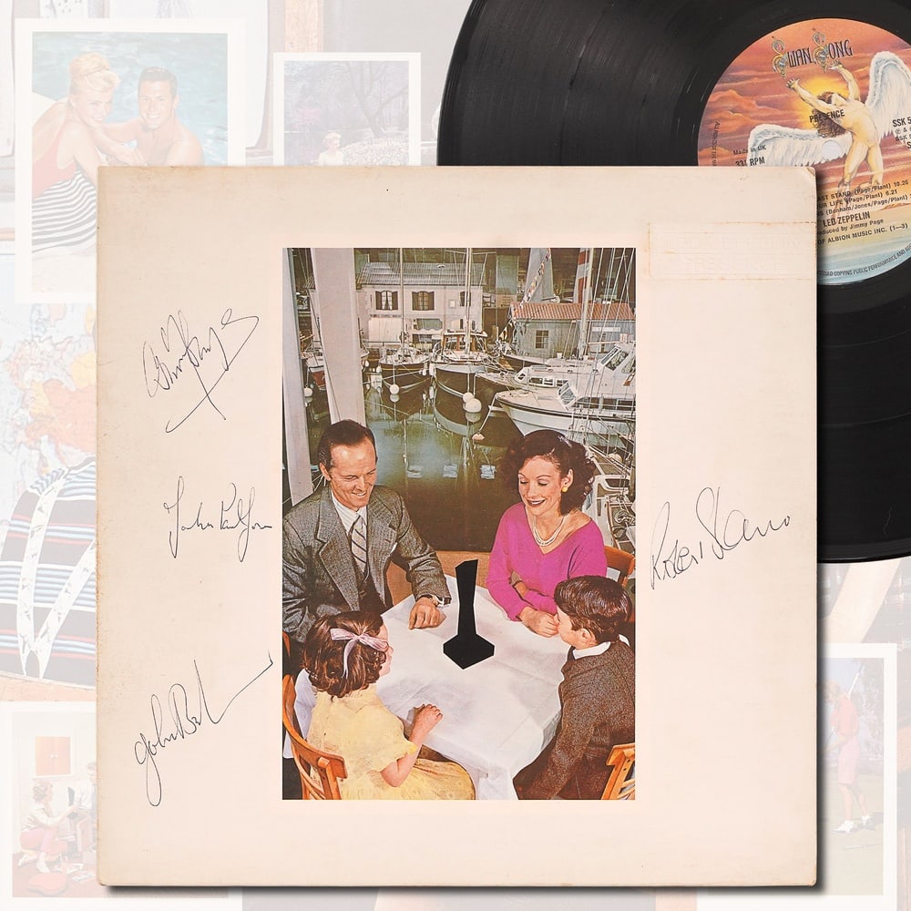 LED ZEPPELIN SIGNED "PRESENCE" LP: 12 1/4 x 12 1/4 Provenance and Authentication: This collectible has undergone a rigorous forensic evaluation. The signatures were carefully analyzed across multiple criteria, including ink deposition,