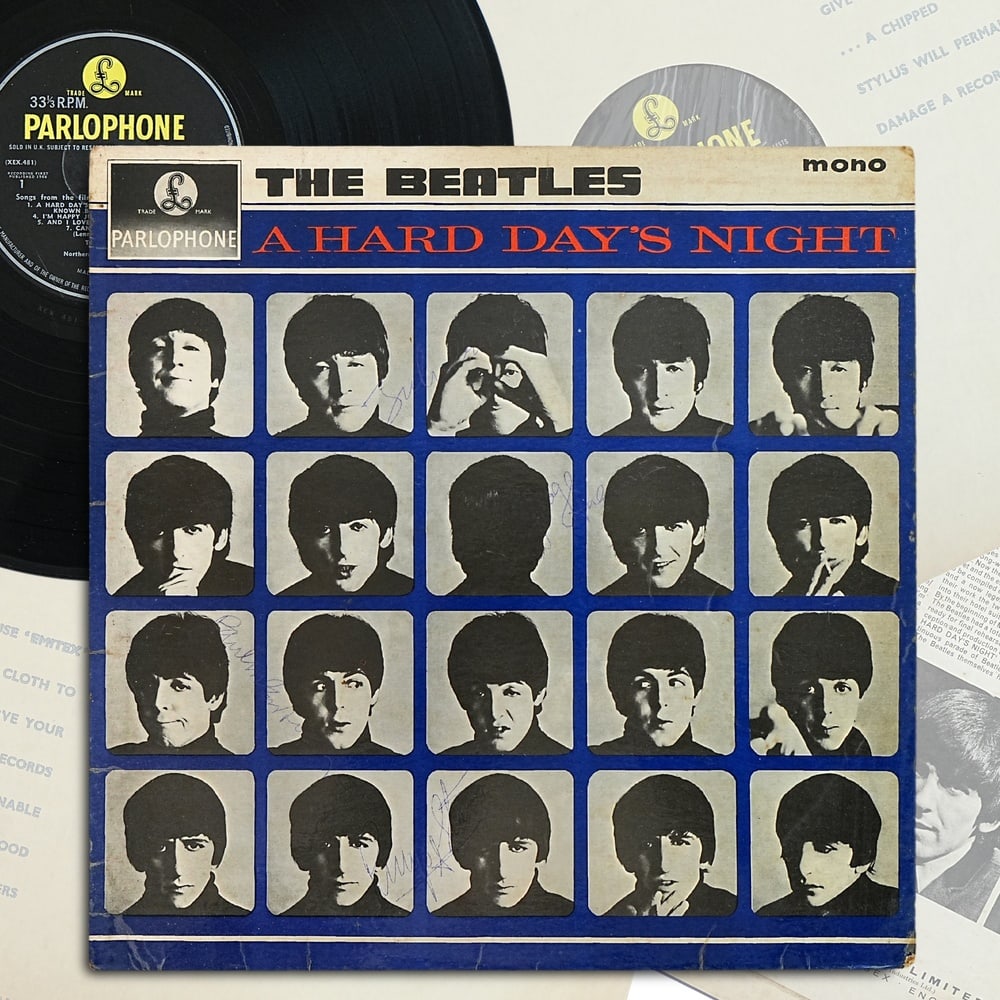 THE BEATLES FULLY SIGNED "A HARD DAY'S NIGHT" UK LP: 12 1/4 x 12 1/4 Provenance and Authentication: This collectible has undergone a rigorous forensic evaluation. The signatures were carefully analyzed across multiple criteria, including ink deposition,