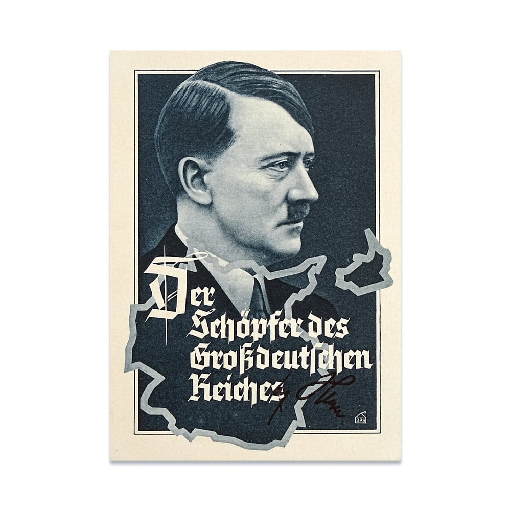 ADOLF HITLER SIGNED PROPAGANDA POSTCARD "DER SCHÖPFER DES GROSSDEUTSCHEN REICHES" (DATED 1939): 5 3/4 x 4 1/8 in (14.7 x 10.5 cm) A signed propaganda postcard of Adolf Hitler bearing the inscription "Der SchÖpfer des Großdeutschen Reiches" represents a historically significant and visu