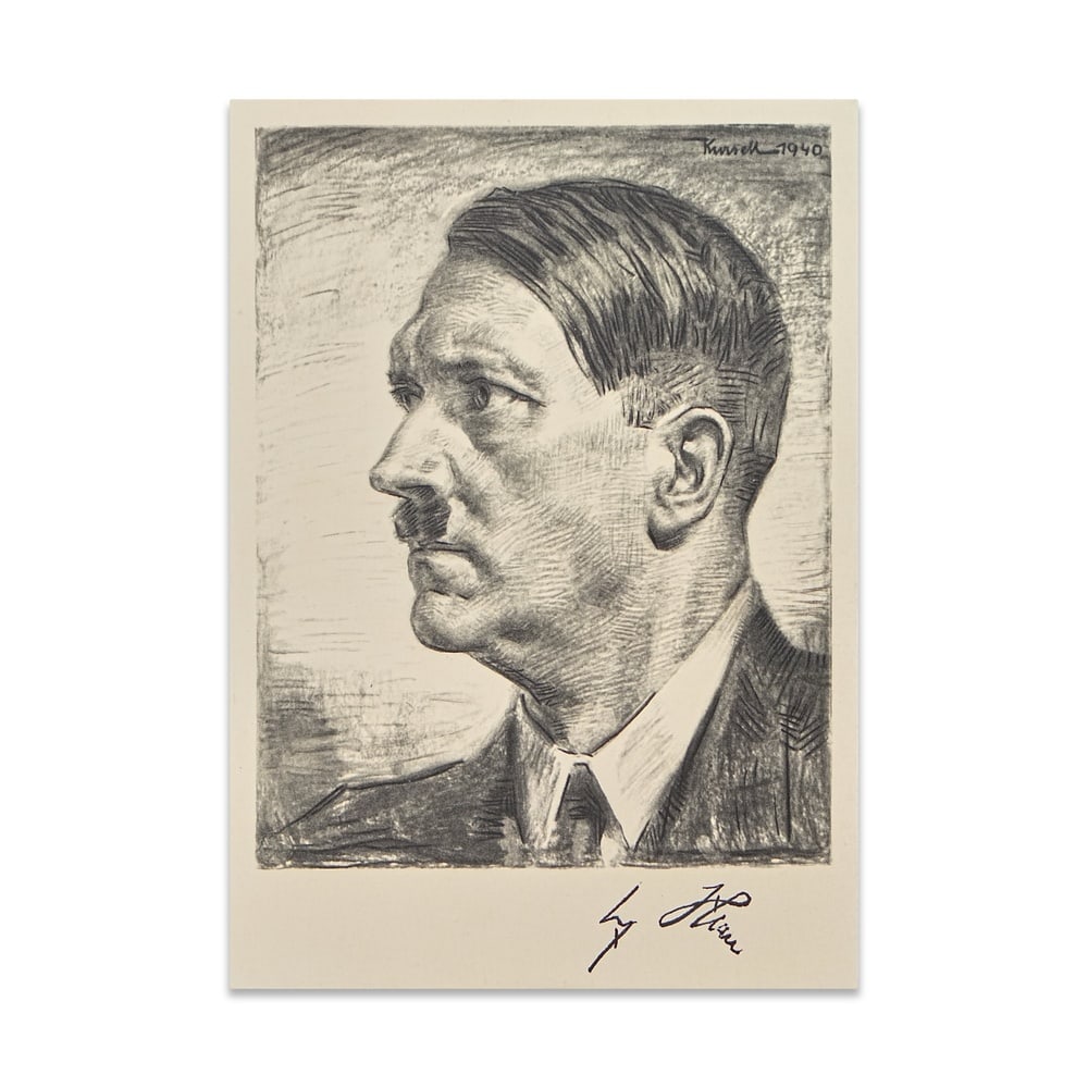 ADOLF HITLER SIGNED POSTCARD PORTRAIT: 4 7/8 x 3 3/4 in (12.3 x 9.4 cm) Provenance and Authentication: This collectible has undergone a rigorous forensic evaluation. The signatures were carefully analyzed across multiple criteria, includin