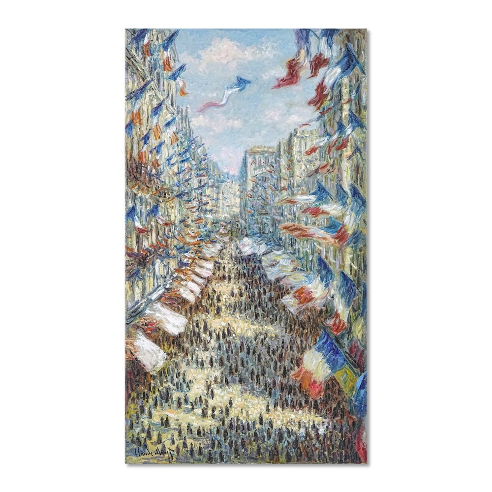 CLAUDE MONET (1840-1926), OIL ON CANVAS: Signed (lower left) Image Dimensions: 35 1/2 x 19 3/4 in (90 x 50 cm) This painting comes with COA. "Fête de la rue Montorgueil à Paris" (1878) is a vibrant depiction of Parisian life during a f