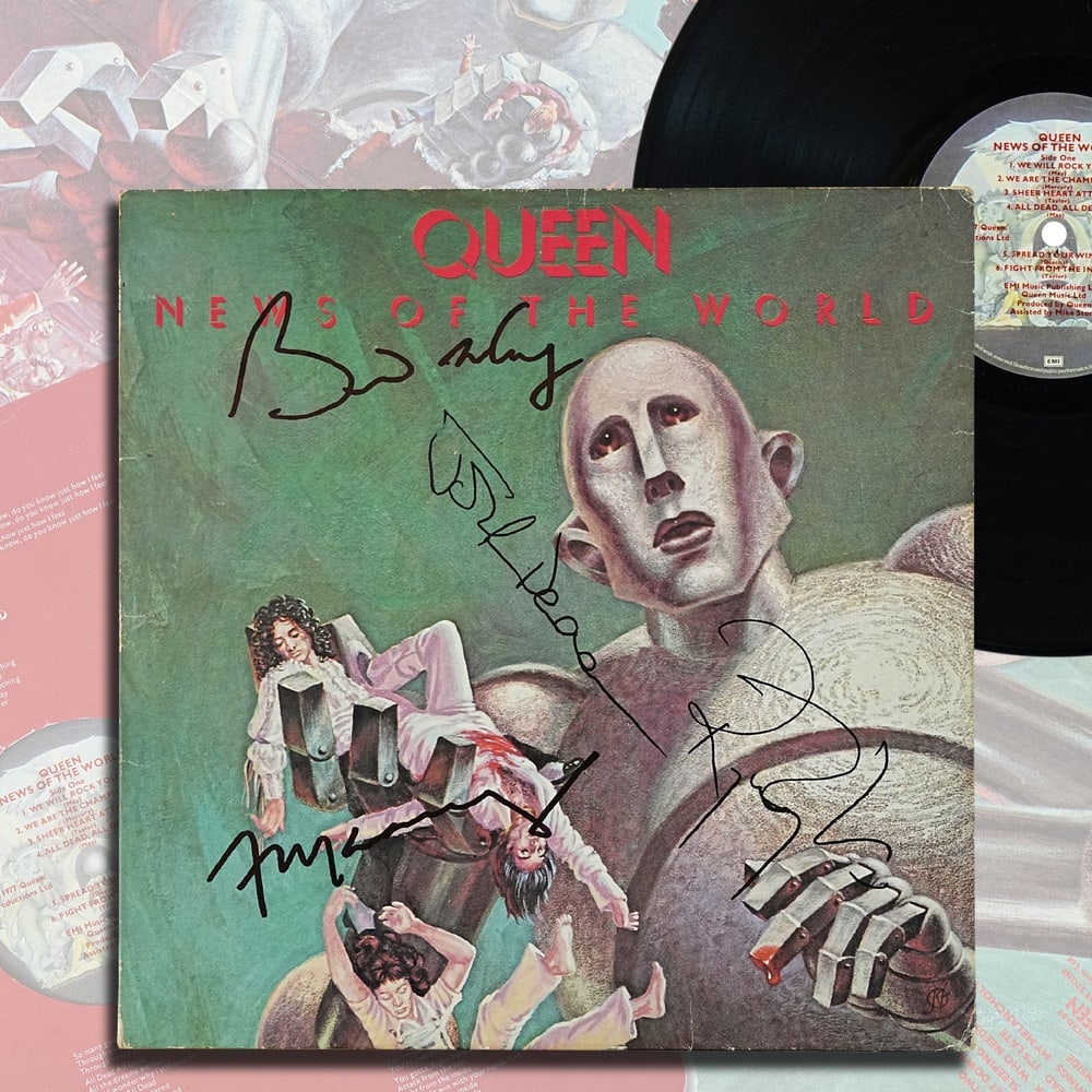 QUEEN FULLY SIGNED "NEWS OF THE WORLD" LP, UK FIRST PRESSING (-1/-2): 12 1/4 x 12 1/4 in Released in 1977, News of the World stands as one of Queen's most influential and commercially powerful albums, marking a decisive moment in the band's evolution toward stadium rock