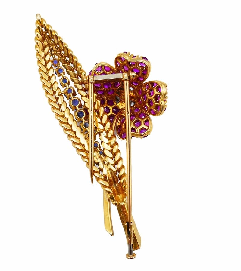 RUBY, SAPPHIRE AND DIAMOND FLORAL BROOCH - 2