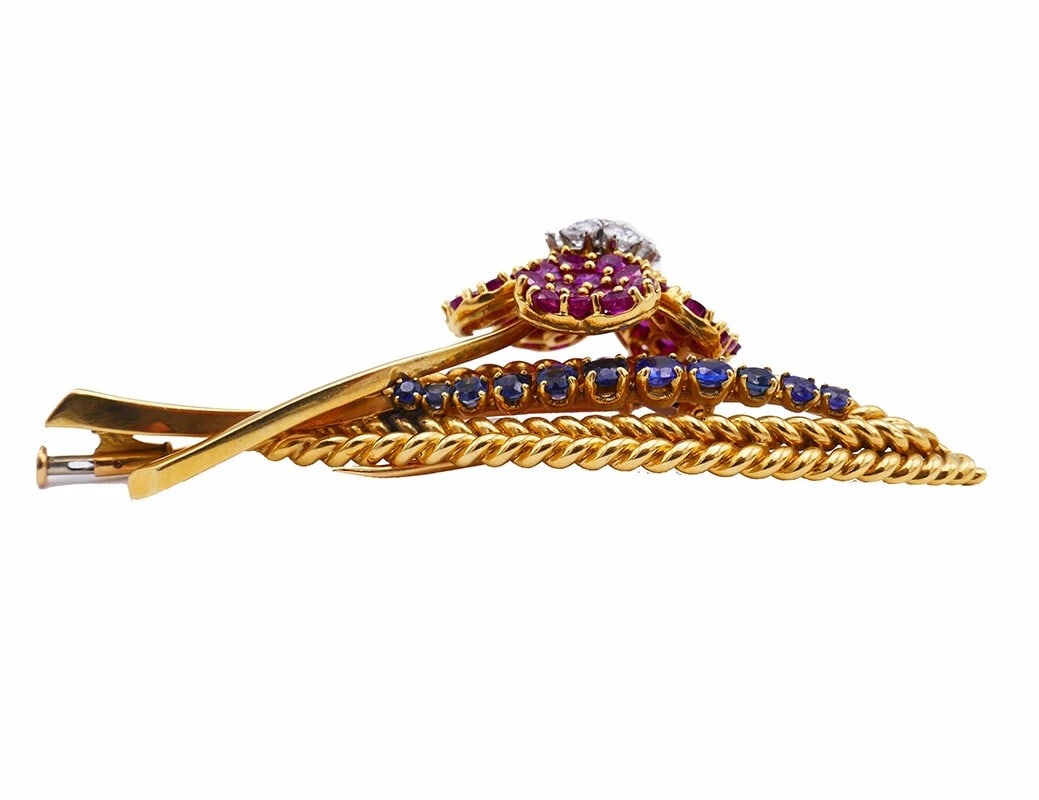 RUBY, SAPPHIRE AND DIAMOND FLORAL BROOCH - 3