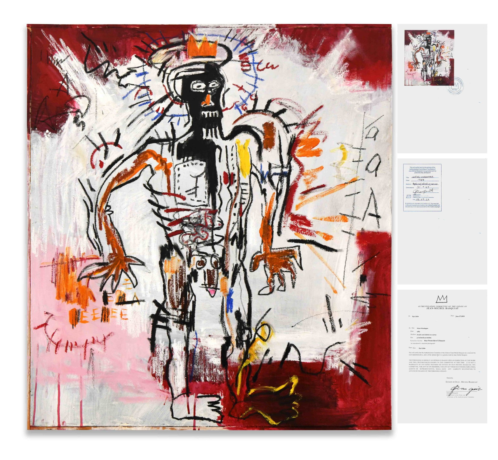 JEAN-MICHEL BASQUIAT (1960-1988), ACRYLIC AND OILSTICK ON CANVAS: JEAN-MICHEL BASQUIAT (1960-1988), ACRYLIC AND OILSTICK ON CANVAS Dimensions: Image size: 77.8 x 68.8 cm. All measured values are approximate. Provenance and Authenticity: The image record includes the