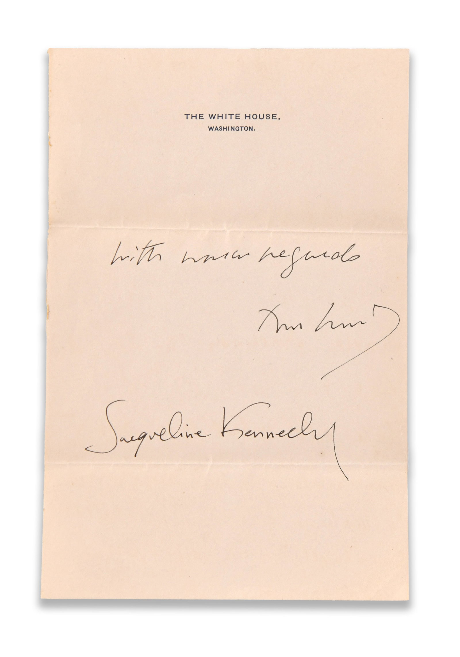 JOHN F. KENNEDY AND JACQUELINE KENNEDY - SIGNED WHITE HOUSE ENVELOPE: JOHN F. KENNEDY AND JACQUELINE KENNEDY - SIGNED WHITE HOUSE ENVELOPE Provenance and Authenticity: For John F. Kennedy and Jacqueline Kennedy - Signed White House Envelope, authenticity is assessed thr
