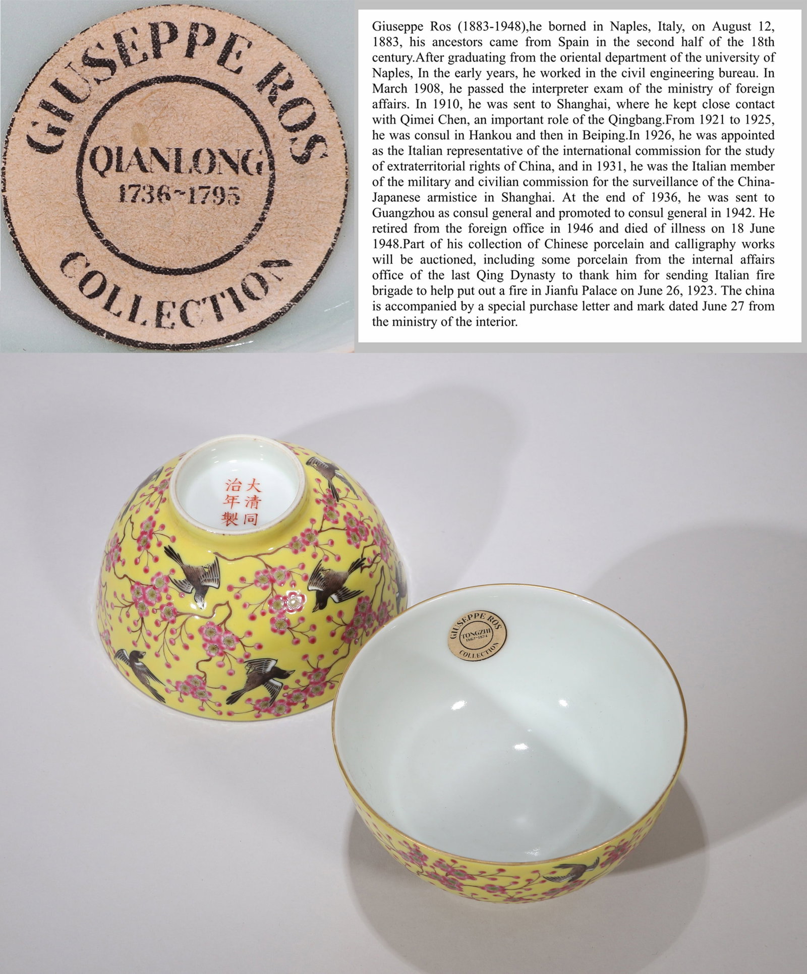 A PAIR OF YELLOW-GROUND FAMILLE ROSE 'FLOWERS AND BIRDS' BOWLS: A PAIR OF YELLOW-GROUND FAMILLE ROSE 'FLOWERS AND BIRDS' BOWLS Description: From the collection of Italian diplomat Giuseppe Ros. Dimensions: Diameter: 11 cm (4.33 in.) x Height: 6 cm (2.36 in.). All