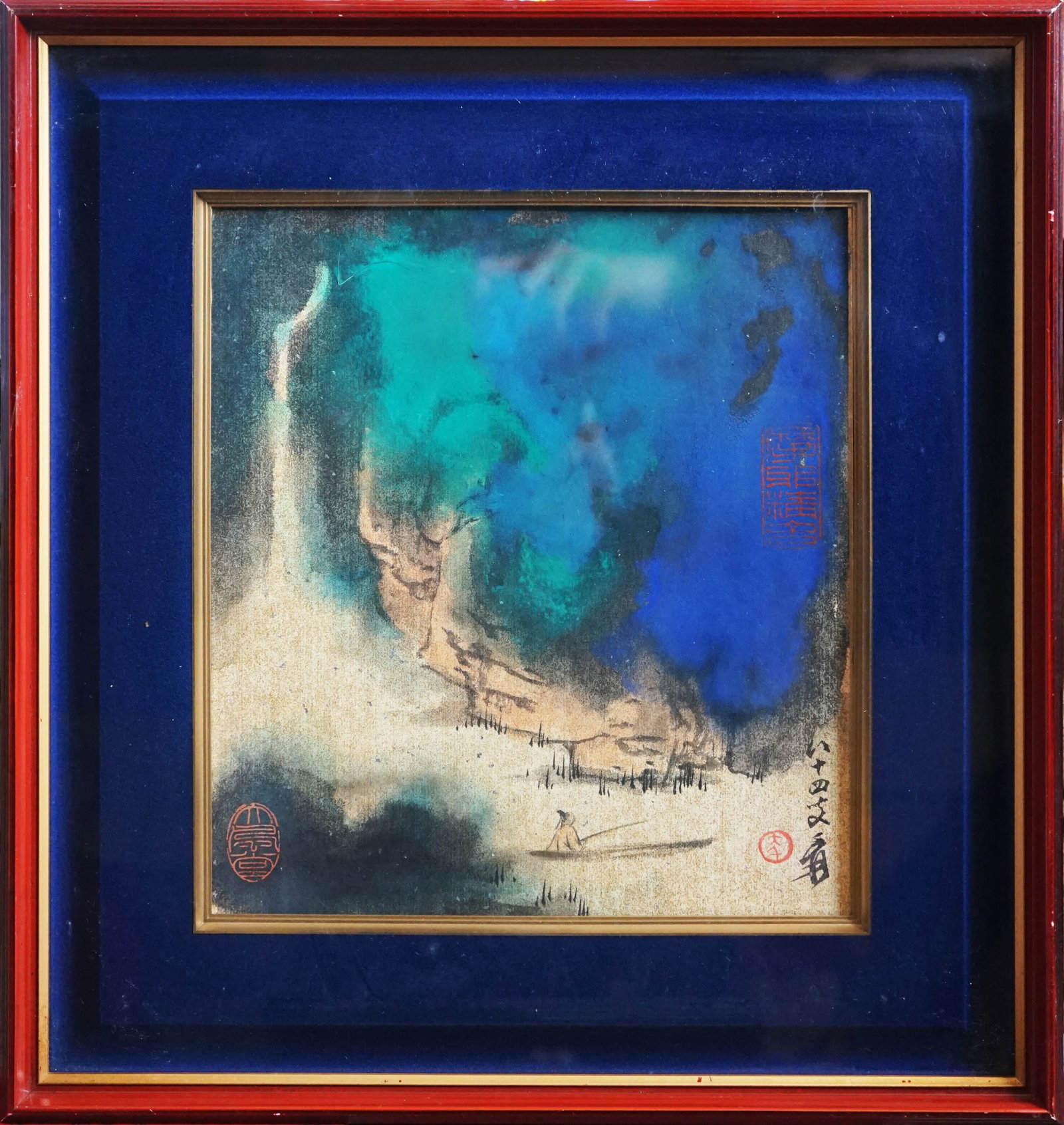 ZHANG DAQIAN (1899-1983), ATTRIBUTED TO, BOATING AND VIEWING THE WATERFALL: ZHANG DAQIAN (1899-1983), ATTRIBUTED TO, BOATING AND VIEWING THE WATERFALL Dimensions: Dimensions: Width: 27 cm (10.63 in.) x Height: 24 cm (9.45 in.). All measurements are approximate.