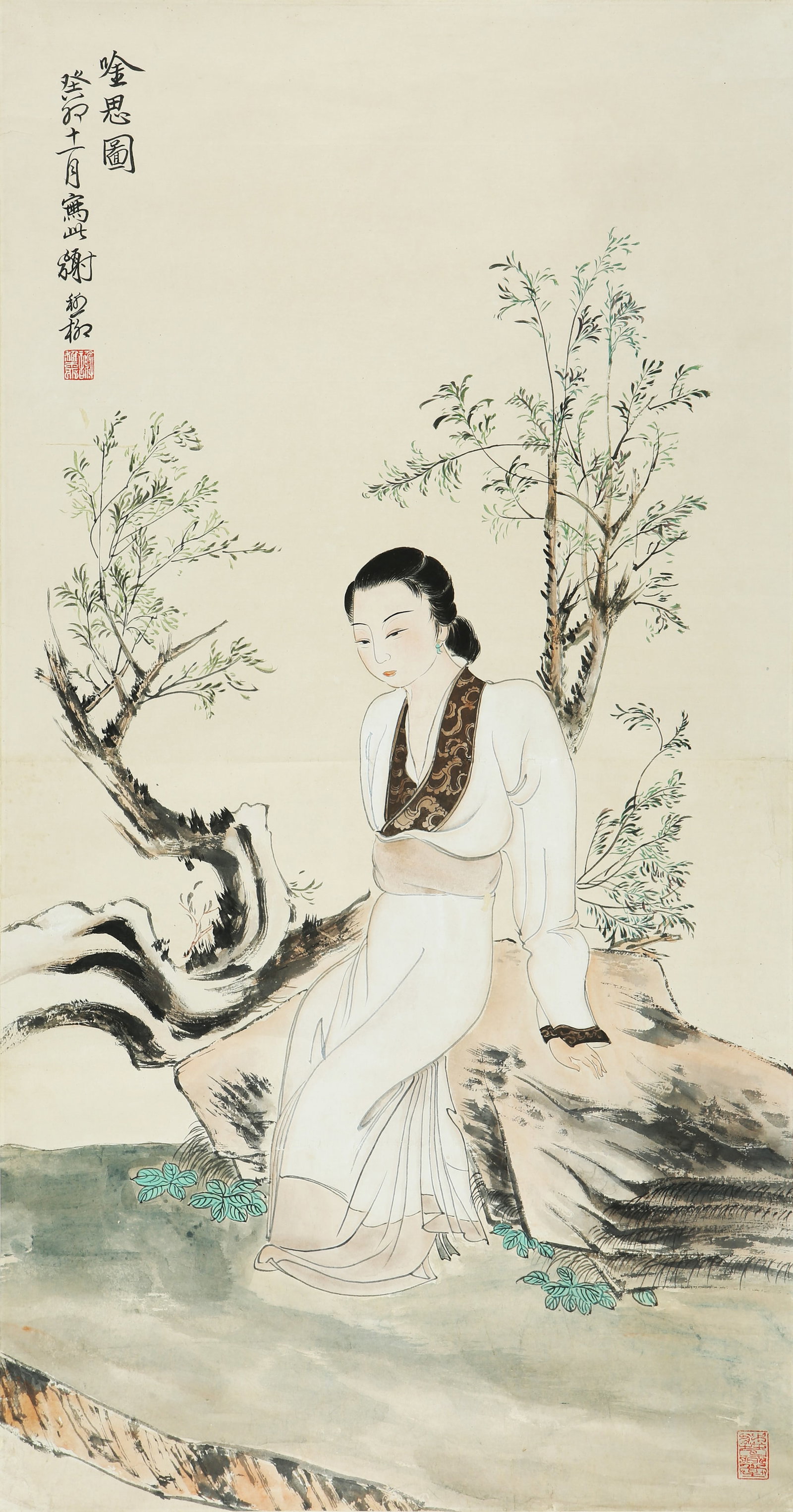XIE ZHILIU (1910-1997), ATTRIBUTED TO, CONTEMPLATING: XIE ZHILIU (1910-1997), ATTRIBUTED TO, CONTEMPLATING Dimensions: Dimensions: Width: 98 cm (38.58 in.) x Height: 52 cm (20.47 in.). All measurements are approximate.