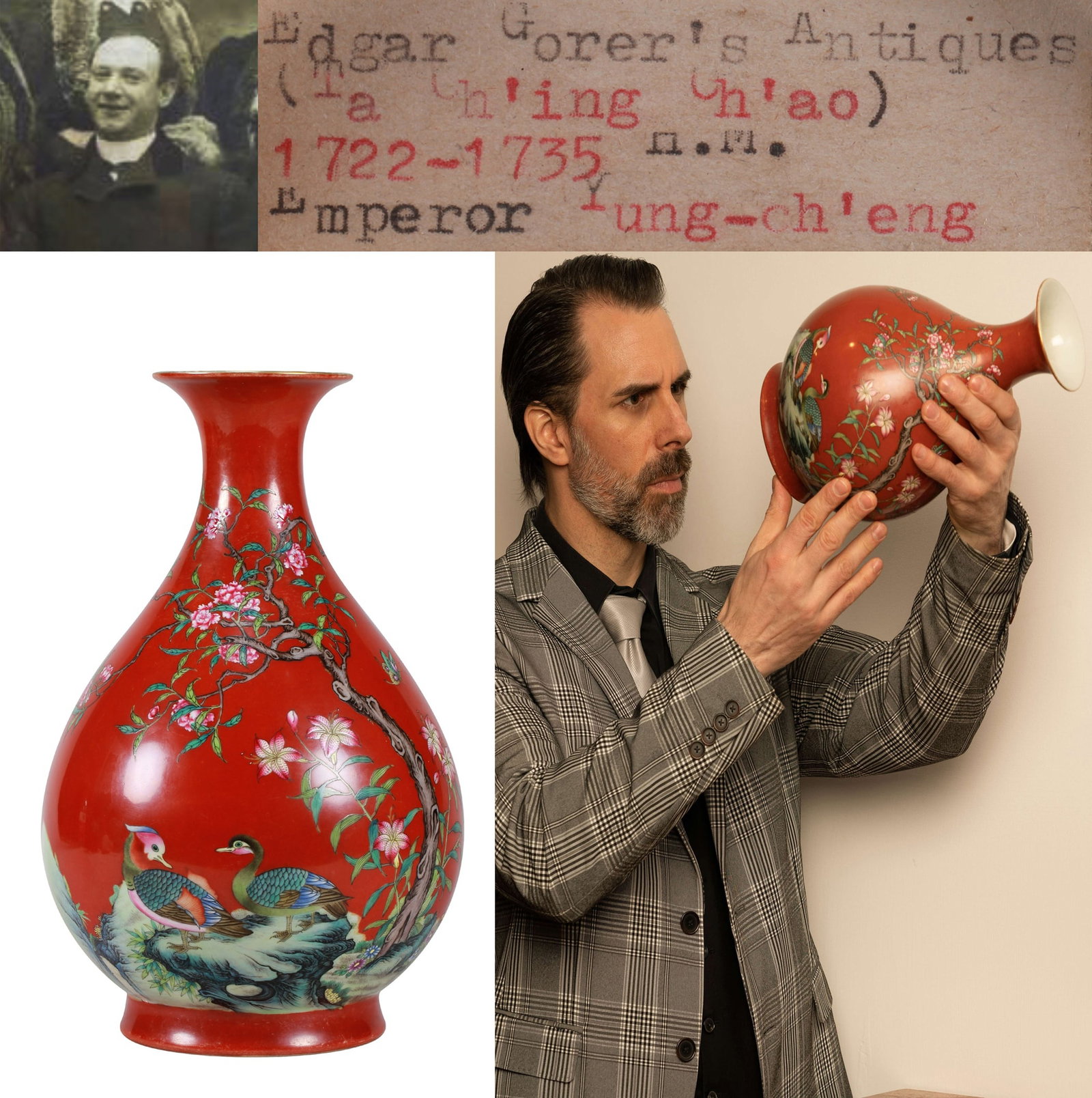 A RED-GROUND FAMILLE ROSE 'FLOWERS, MANDARIN DUCKS AND POETRY' YUHUCHUNPING (1 of 16)