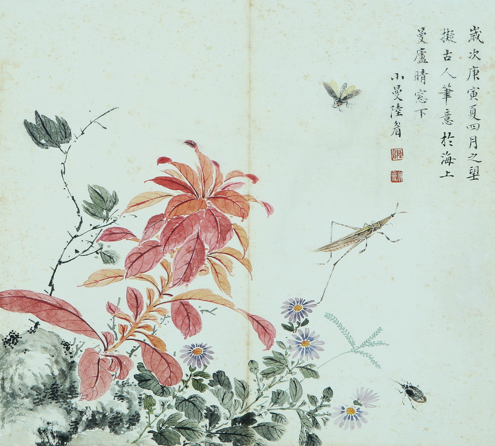 LU XIAOMAN (1903-1965), ATTRIBUTED TO, FLOWERS AND GRASSHOPPERS (1 of 7)