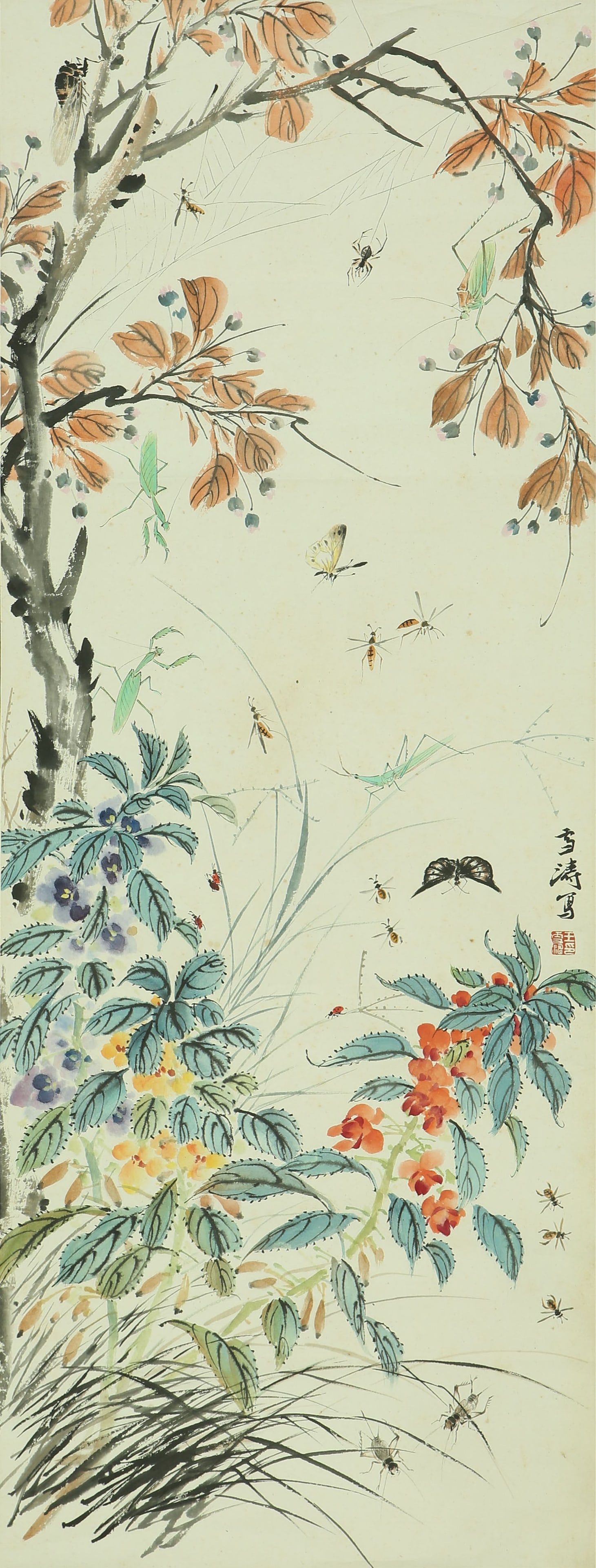 WANG XUETAO (1903-1982), ATTRIBUTED TO, FLOWERS AND GRASSHOPPERS (1 of 7)