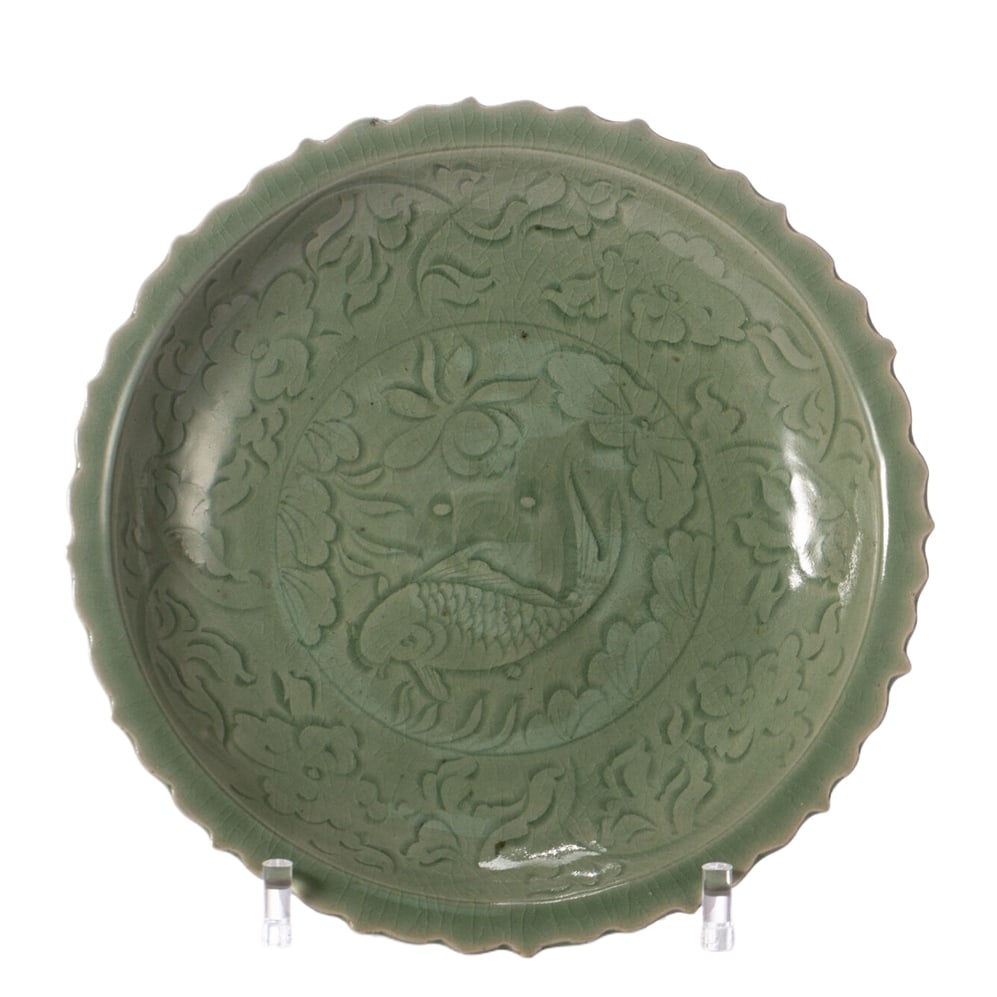 A LONGQUAN 'FISH' DISH: A LONGQUAN 'FISH' DISH Dimensions: Dimensions: Length: 29.5 cm (11.61 in.), Width: 29.5 cm (11.61 in.), Height: 5 cm (1.97 in.). Weight: 1750 g. All measurements are approximate.