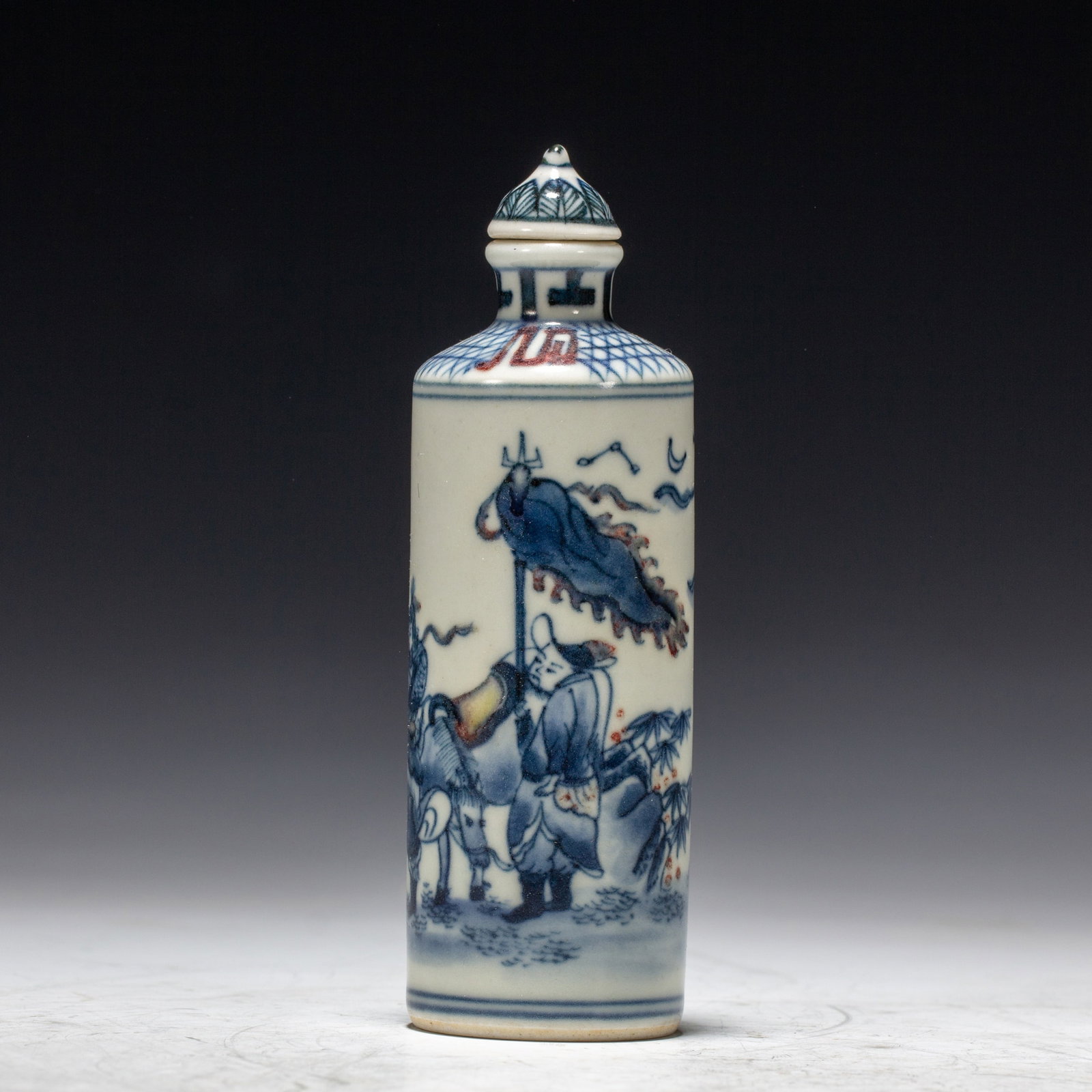 A BLUE AND WHITE 'FIGURES' SNUFF BOTTLE: A BLUE AND WHITE 'FIGURES' SNUFF BOTTLE Dimensions: Dimensions: Length: 3.5 cm (1.38 in.), Width: 3.5 cm (1.38 in.), Height: 11 cm (4.33 in.). Weight: 80 g. All measurements are approximate.