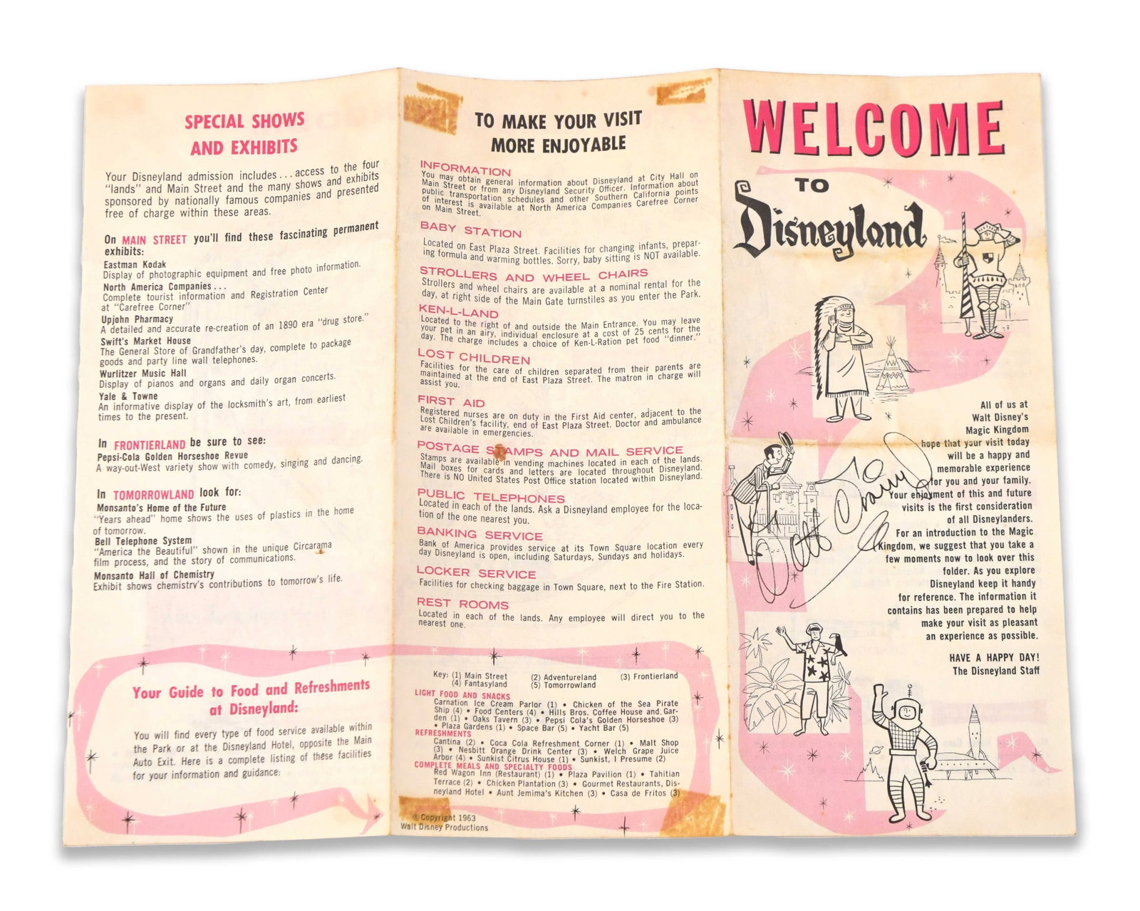 WALT DISNEY - SIGNED DISNEYLAND GUIDE BOOKLET (C. 1963, ANAHEIM, CALIFORNIA) (1 of 2)