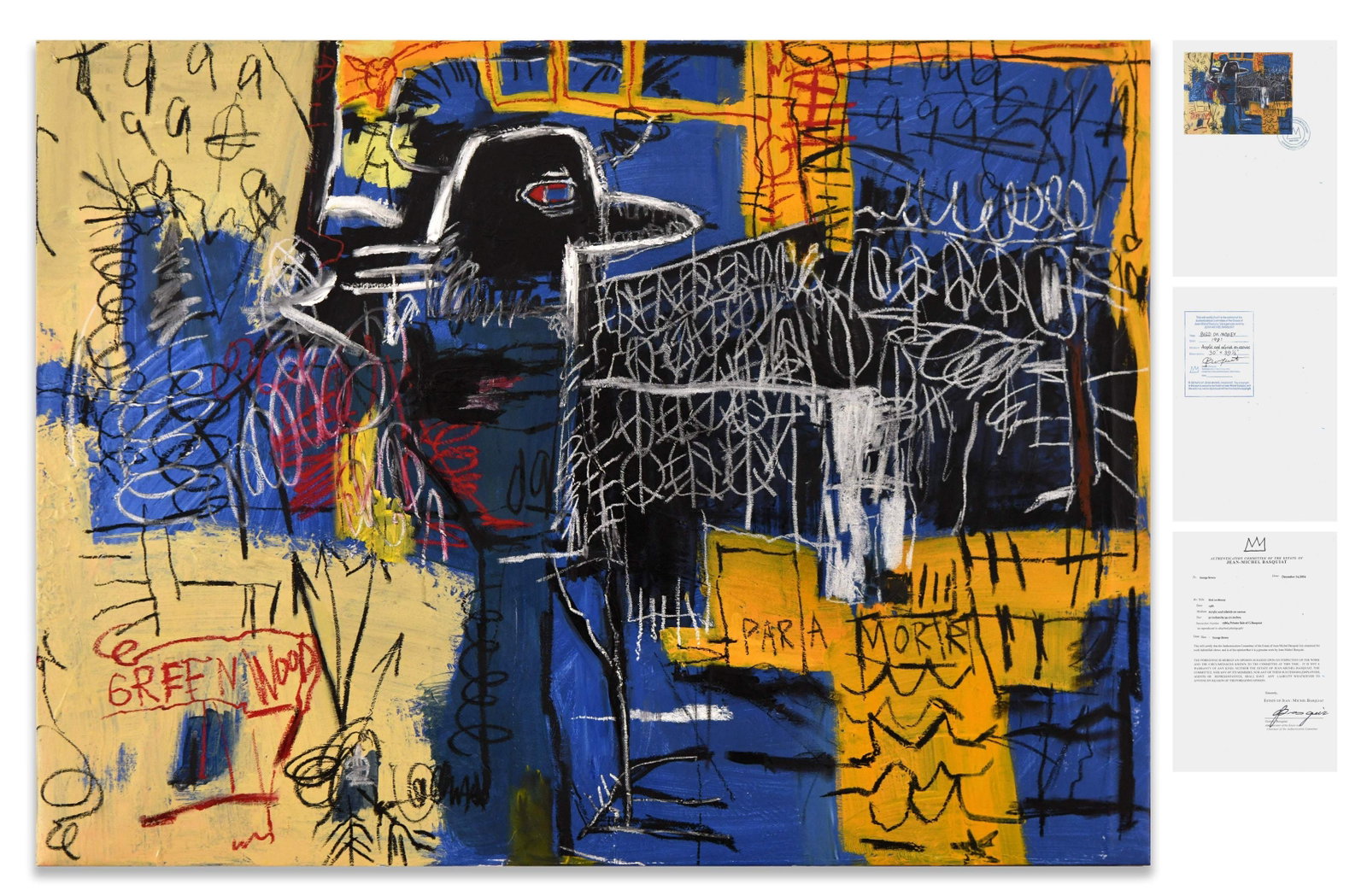 JEAN-MICHEL BASQUIAT (1960-1988), ATTRIBUTED TO, ACRYLIC AND OILSTICK ON CANVAS: JEAN-MICHEL BASQUIAT (1960-1988), ATTRIBUTED TO, ACRYLIC AND OILSTICK ON CANVAS Dimensions: Image size: 76 x 100.5 cm. All measured values are approximate. Provenance and Authenticity: The work is exe