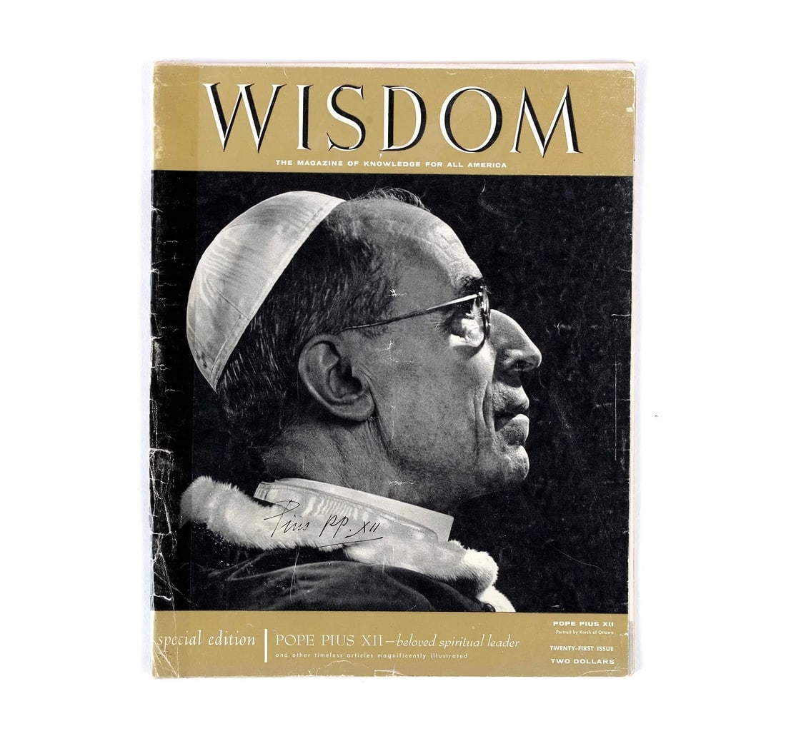 POPE PIUS XII - HAND-SIGNED EDITION OF WISDOM MAGAZINE (1958): POPE PIUS XII - HAND-SIGNED EDITION OF WISDOM MAGAZINE (1958) Provenance and Authenticity: This premier religious artifact features the authentic hand-signed signature of Pope Pius XII, executed in