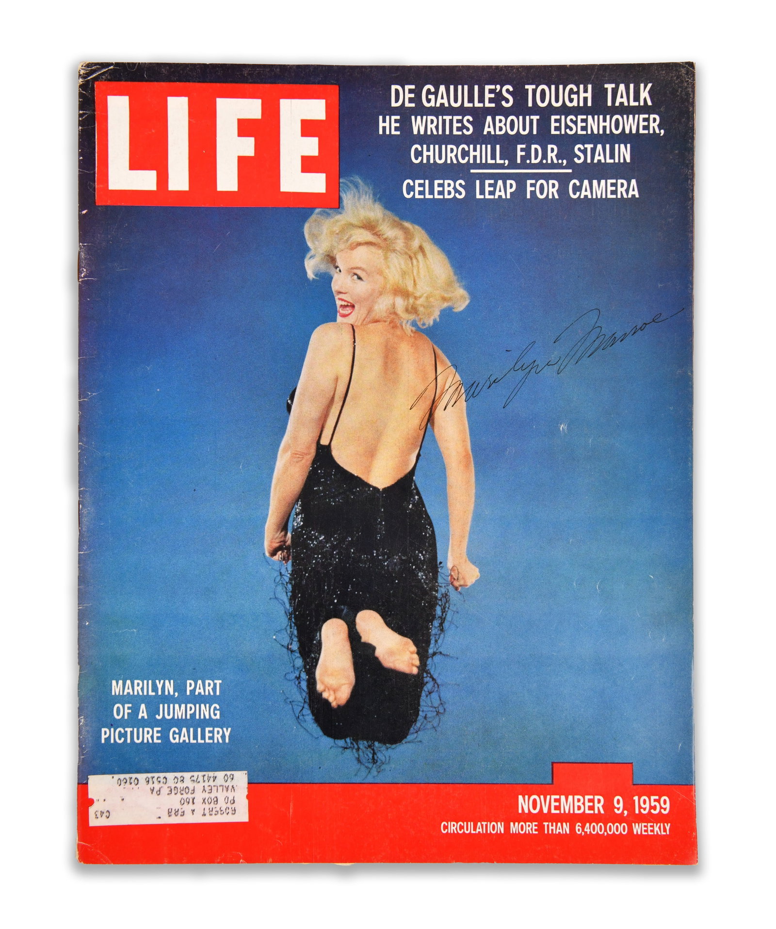MARILYN MONROE, SIGNED LIFE MAGAZINE (NOVEMBER 9, 1959 ISSUE): MARILYN MONROE, SIGNED LIFE MAGAZINE (NOVEMBER 9, 1959 ISSUE) Provenance and Authenticity: This November 9, 1959 issue of LIFE magazine features a cover image of Marilyn Monroe captured during her