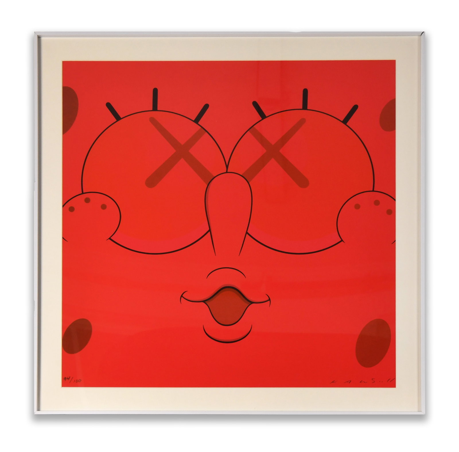 KAWS, COMPANION (CLOSE-UP FACE, RED): KAWS, COMPANION (CLOSE-UP FACE, RED) Dimensions: Outer frame size:70 x 70 cm. All measured values are approximate. Provenance and Authenticity: This work is a contemporary print after KAWS, presenting