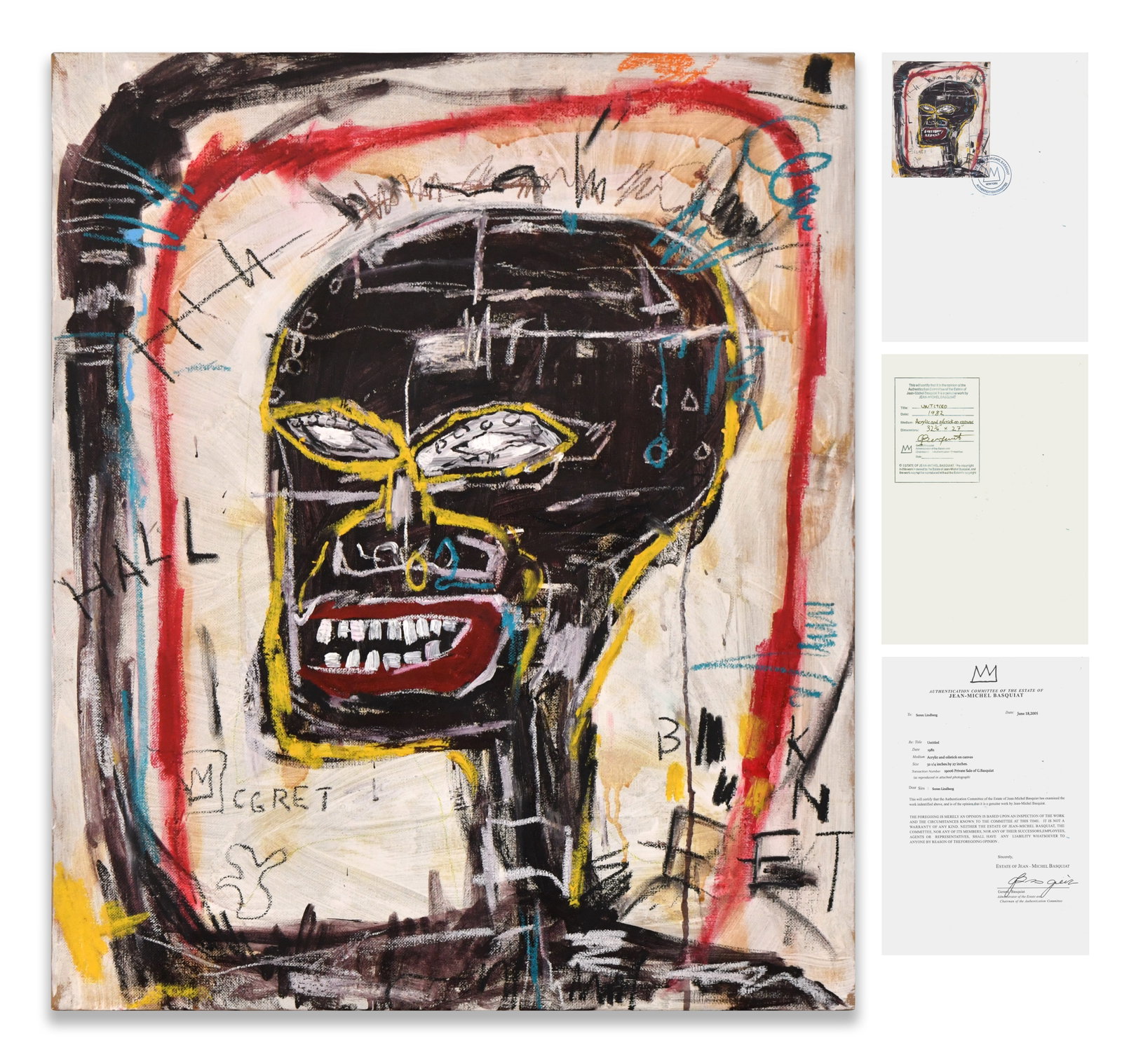 JEAN-MICHEL BASQUIAT (1960-1988), ATTRIBUTED TO, ACRYLIC AND WAX CRAYON ON CANVAS (1 of 2)