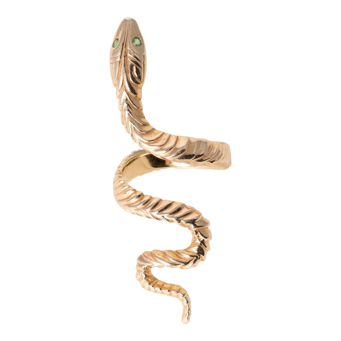 SNAKE FORM GOLD-TONE WRAP RING WITH GREEN STONE EYES: SNAKE FORM GOLD-TONE WRAP RING WITH GREEN STONE EYES Description: The ring is modeled as a sinuous snake wrapping around the finger in an open, adjustable spiral. The head rises upward with a
