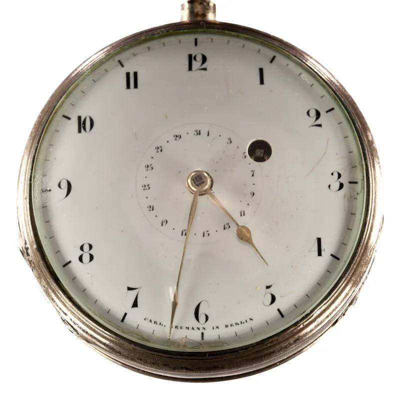 BERLIN KARL NEUMANN ANTIQUE SILVER POCKET WATCH, WITH EXQUISITE MOVEMENT AND KEY.: BERLIN KARL NEUMANN ANTIQUE SILVER POCKET WATCH, WITH EXQUISITE MOVEMENT AND KEY. Description: The dial is made of enamel, retaining its warm white base even after years of use. The black numerals and