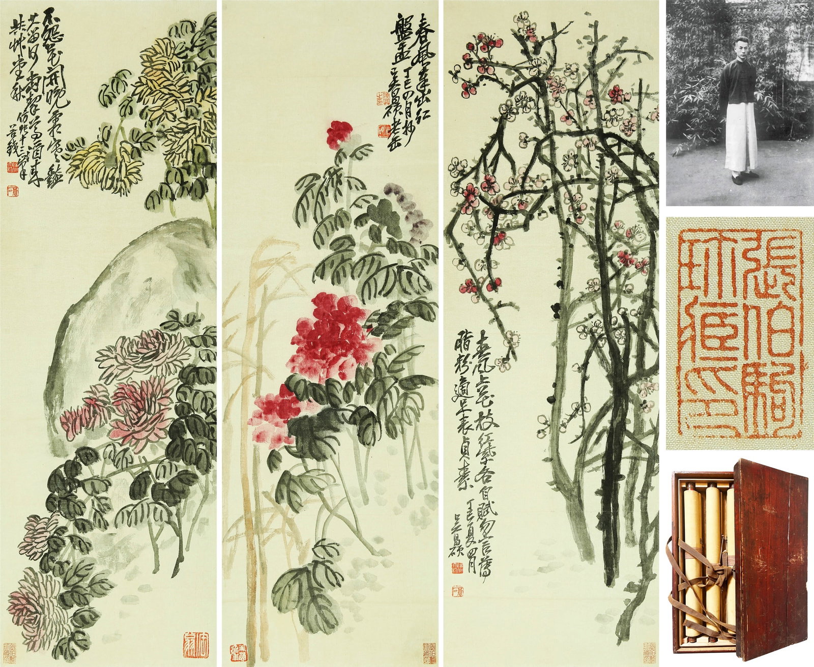 WU CHANGSHUO (1844-1927), ATTRIBUTED TO, TRIPTYCH OF FLOWERS (1 of 15)