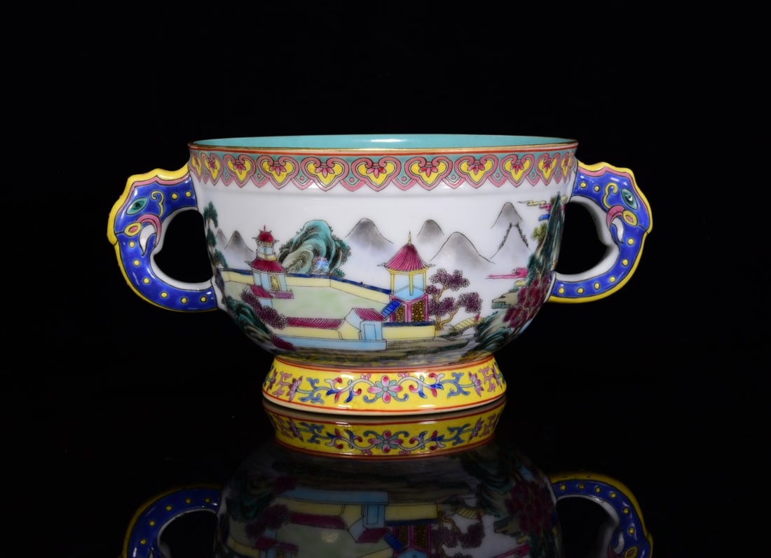 A FAMILLE ROSE 'LANDSCAPE' DOUBLE-HANDLE BOWL (1 of 9)