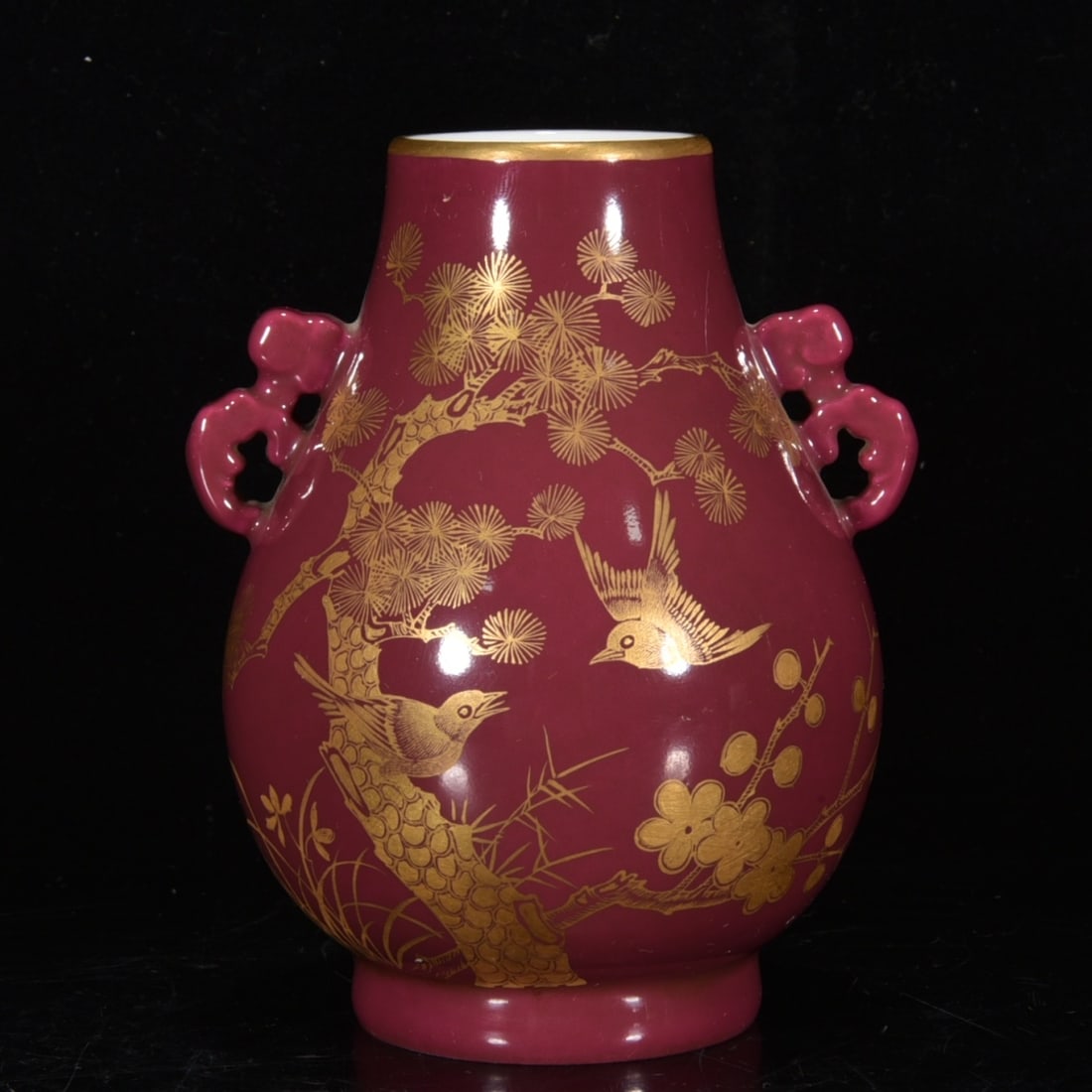 A RUBY RED-GLAZED GILT DECORATED 'THREE FRIENDS OF WINTER' JAR: A RUBY RED-GLAZED GILT DECORATED 'THREE FRIENDS OF WINTER' JAR Dimensions: Length: 11.5 cm (4.53 in.), Width: 9.5 cm (3.74 in.). All measurements are approximate.