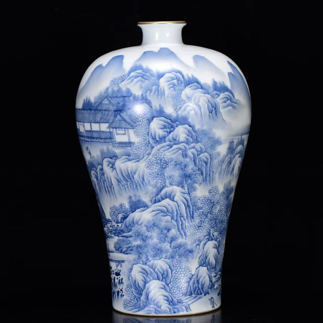 A BLUE ENAMEL 'LANDSCAPE' MEIPING: A BLUE ENAMEL 'LANDSCAPE' MEIPING Dimensions: Length: 33 cm (12.99 in.), Width: 20 cm (7.87 in.). All measurements are approximate.