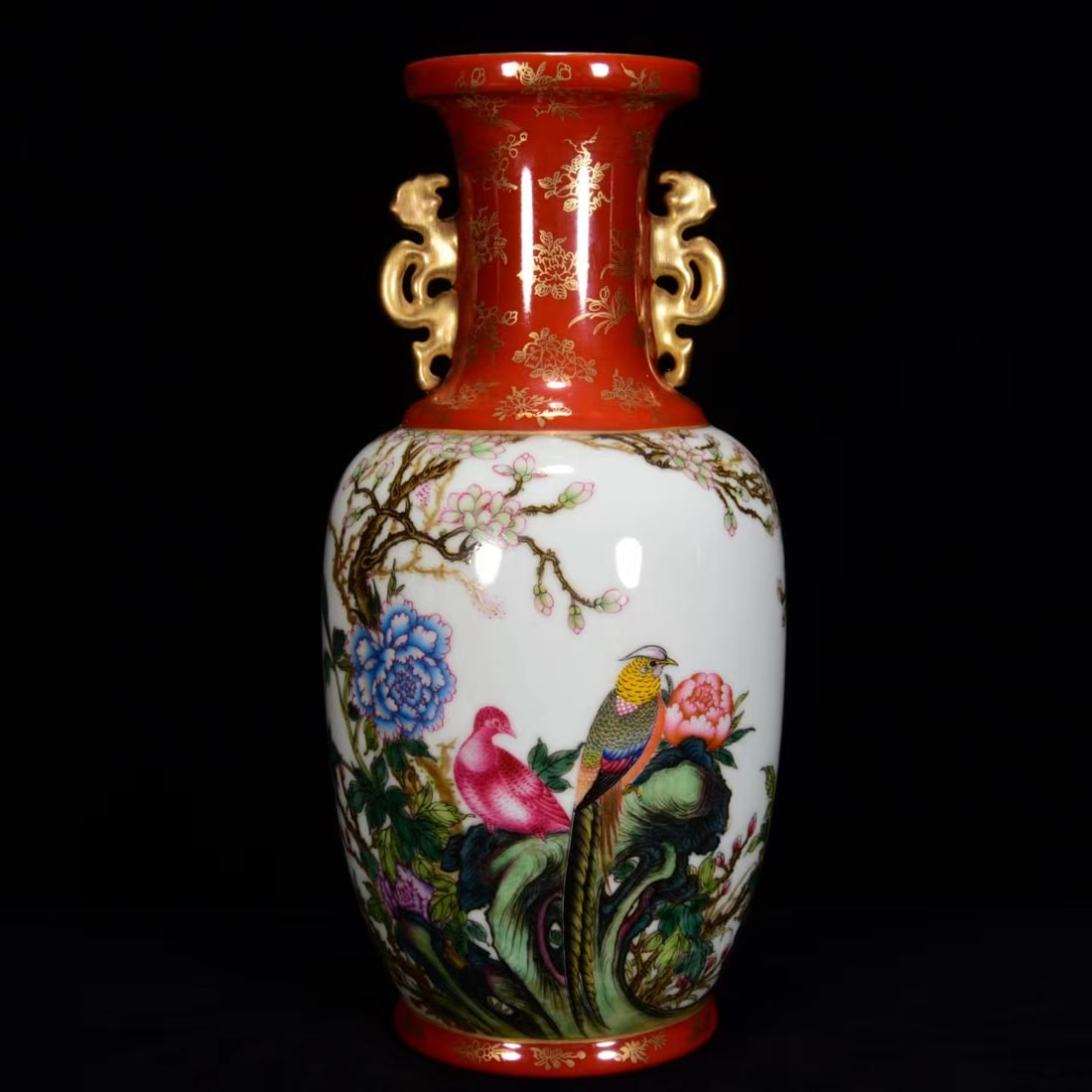 A FAMILLE ROSE ENAMEL 'PHEASANT AND PEONY' GILT DECORATED DOUBLE-HANDLE VASE (1 of 9)