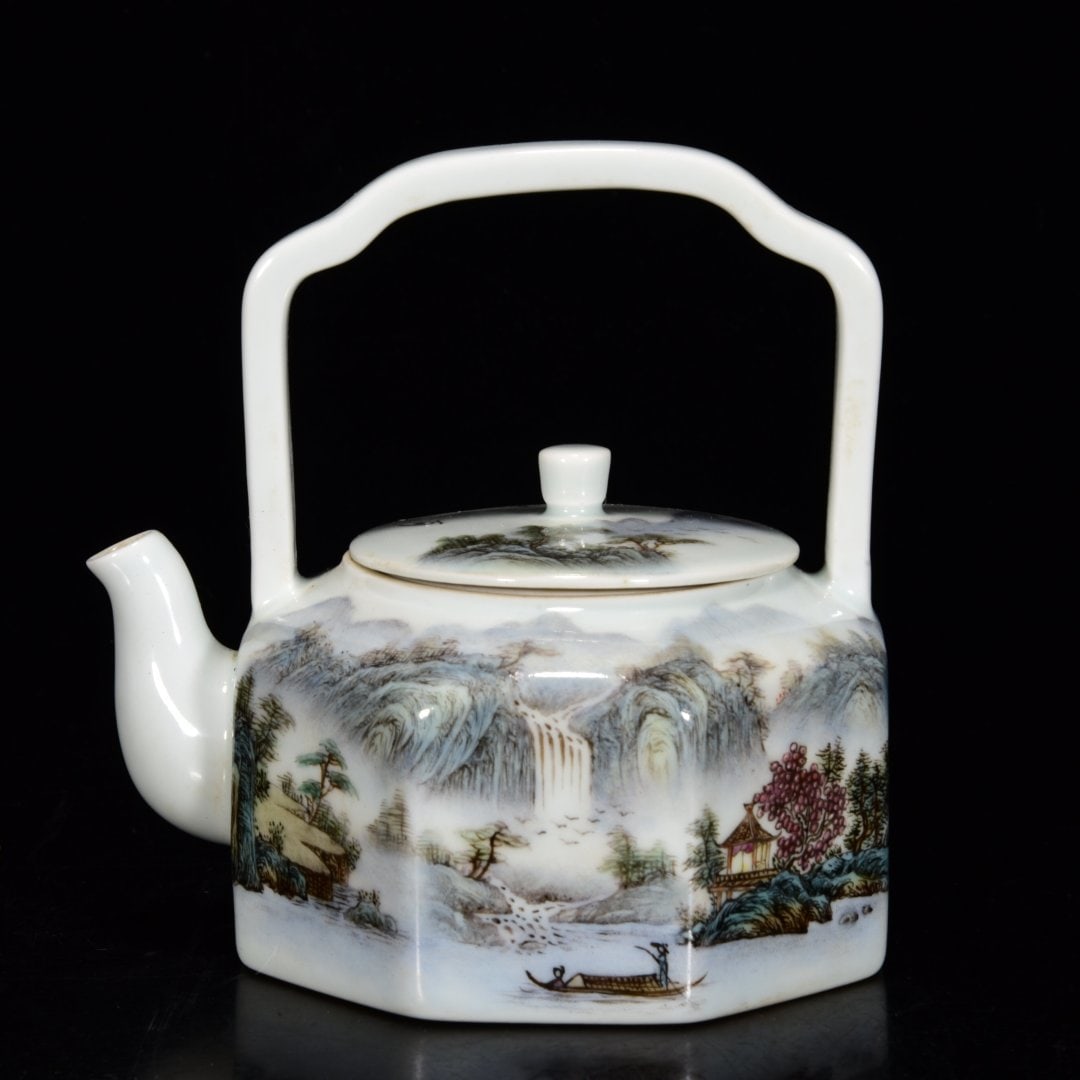 A FAMILLE ROSE 'LANDSCAPE' HEXAGONAL EWER (1 of 9)