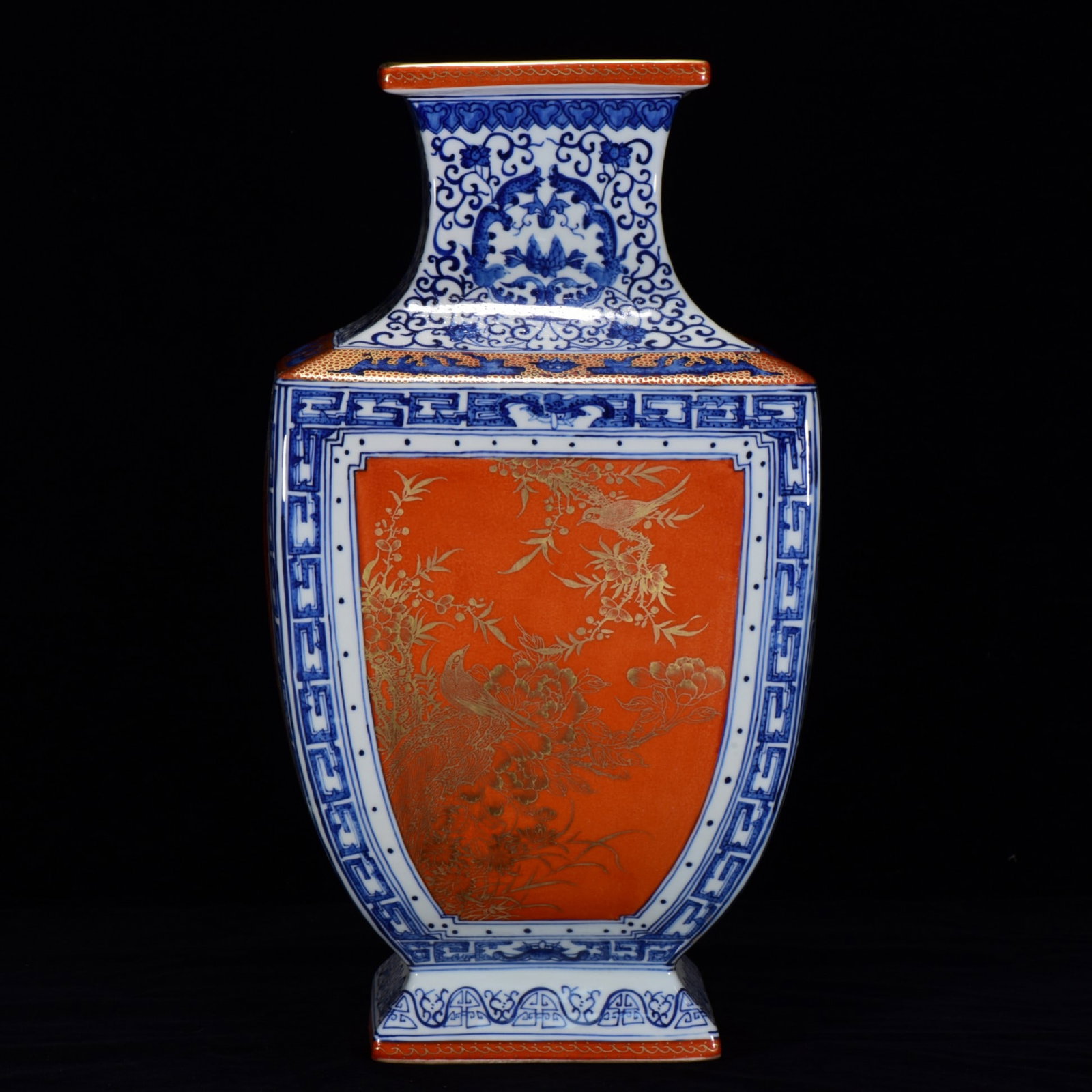 A BLUE AND WHITE AND IRON-RED GROUND GILT DECORATED 'FLOWERS AND BIRDS' SQUARE VASE (1 of 9)