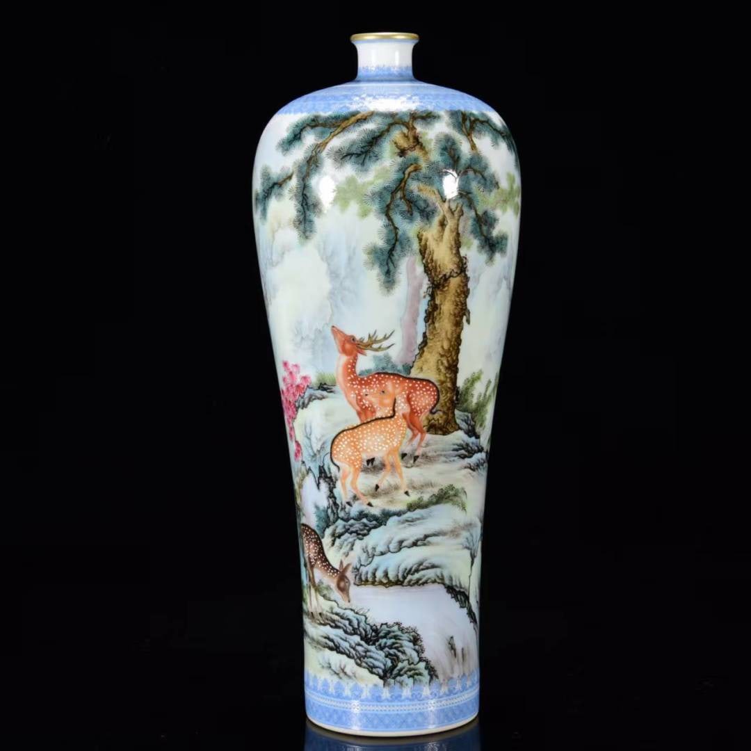 A FAMILLE ROSE 'PINE AND DEER' MEIPING: A FAMILLE ROSE 'PINE AND DEER' MEIPING Dimensions: Length: 33 cm (12.99 in.), Width: 12 cm (4.72 in.). All measurements are approximate.