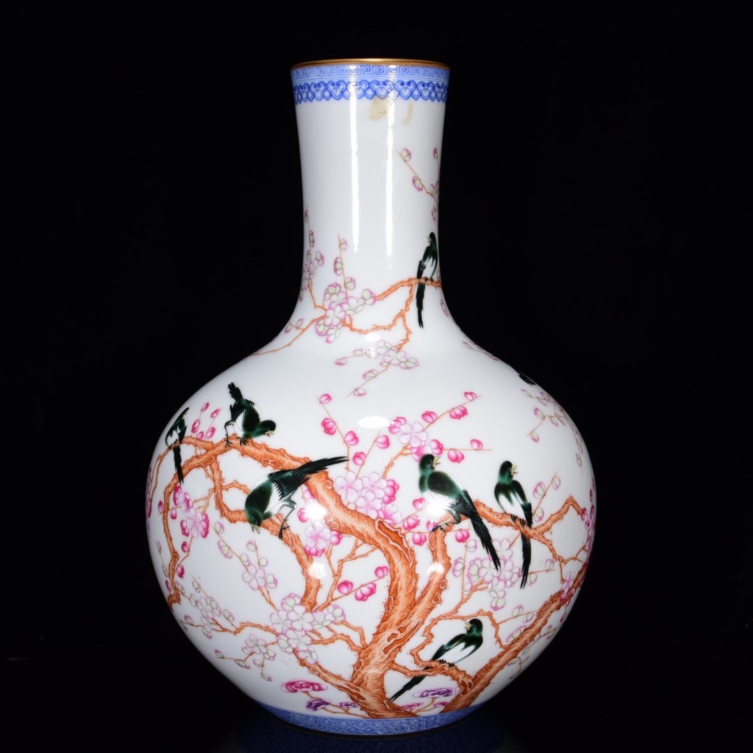 A FAMILLE ROSE 'MAGPIE AND PLUM BLOSSOM' GLOBULAR VASE (1 of 9)