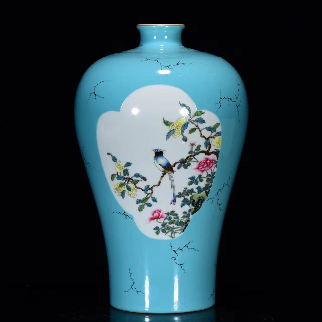 A TURQUOISE GLAZED FAMILLE ROSE 'FLOWERS AND BIRDS' MEIPING: A TURQUOISE GLAZED FAMILLE ROSE 'FLOWERS AND BIRDS' MEIPING Dimensions: Length: 32 cm (12.60 in.), Width: 18 cm (7.09 in.). All measurements are approximate.