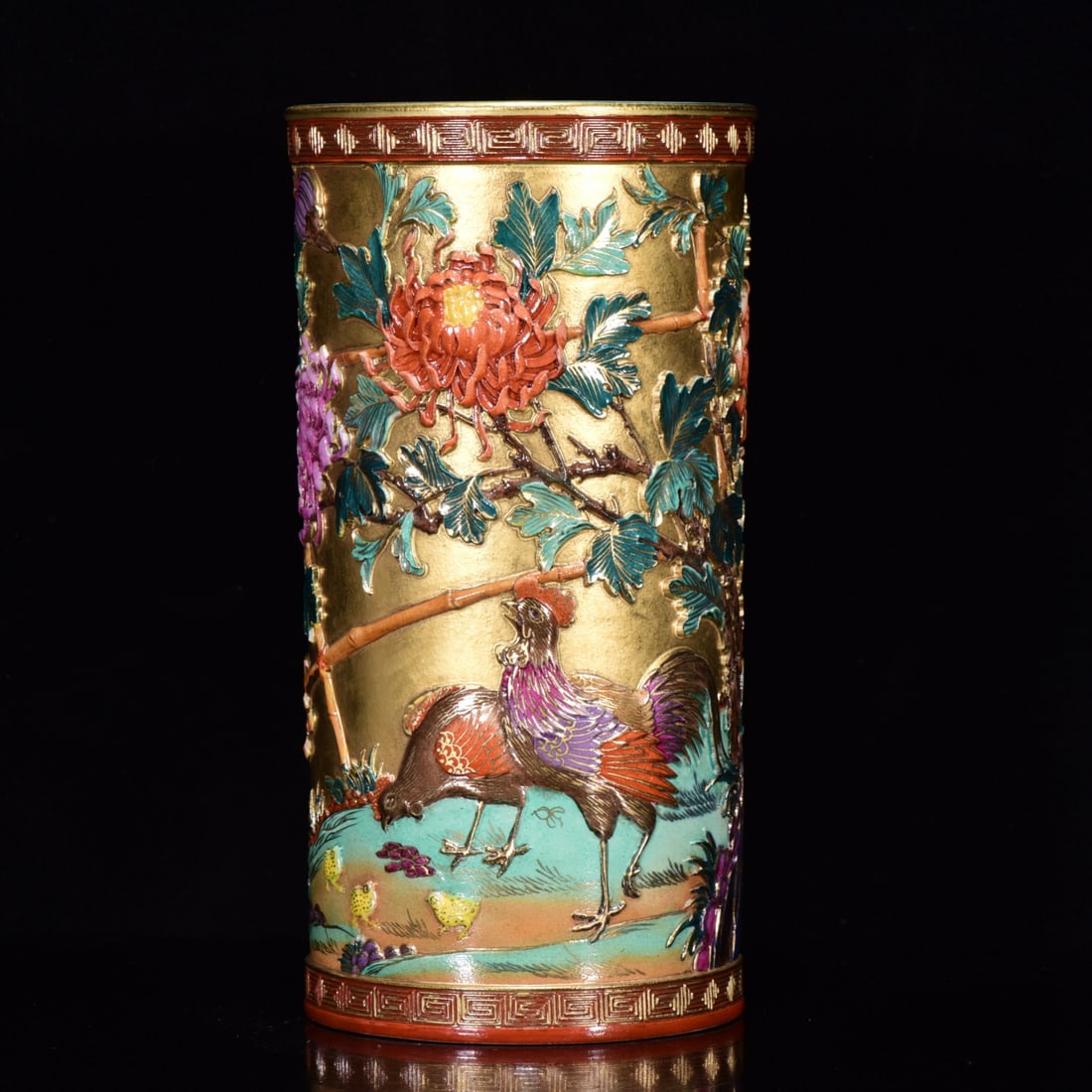 AN ENAMEL CARVED GILT DECORATED 'FAMILY PORTRAIT' BRUSH POT (1 of 9)
