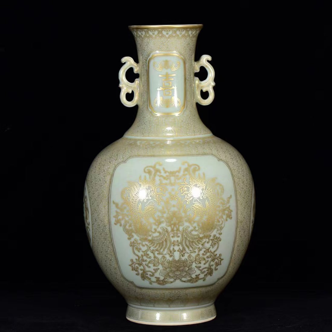 A CELADON GLAZED GILT DECORATED 'FORTUNE, LONGEVITY AND PHOENIX' DOUBLE-HANDLE VASE (1 of 9)