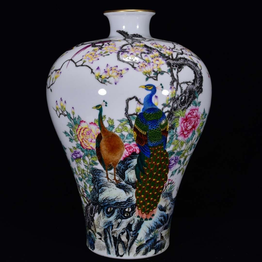 A FAMILLE ROSE 'PEACOCK AND FLOWERS' MEIPING: A FAMILLE ROSE 'PEACOCK AND FLOWERS' MEIPING Dimensions: Length: 38 cm (14.96 in.), Width: 28 cm (11.02 in.). All measurements are approximate.