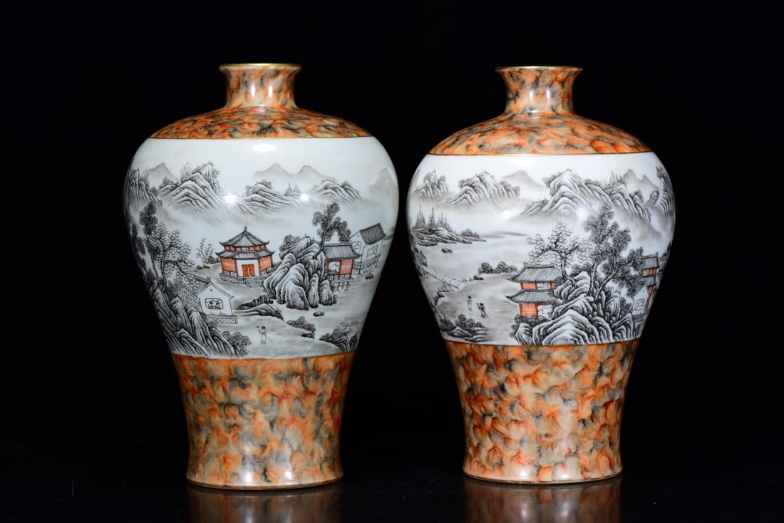 A GRISAILLE 'LANDSCAPE' GILT DECORATED MEIPING (1 of 9)