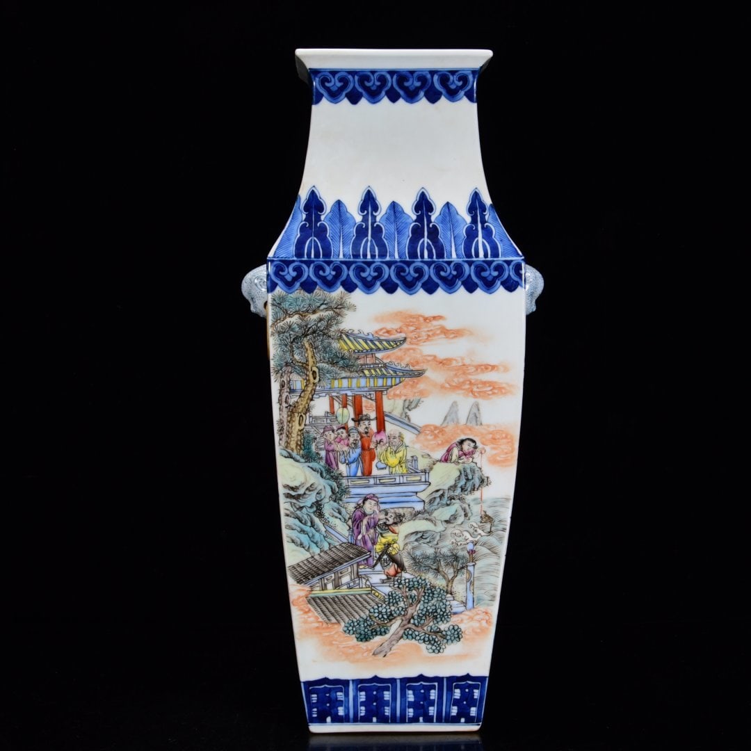 A BLUE AND WHITE AND FAMILLE ROSE 'IMMORTALS CELEBRATING LONGEVITY' SQUARE VASE: A BLUE AND WHITE AND FAMILLE ROSE 'IMMORTALS CELEBRATING LONGEVITY' SQUARE VASE Dimensions: Length: 32 cm (12.60 in.), Width: 18 cm (7.09 in.). All measurements are approximate.