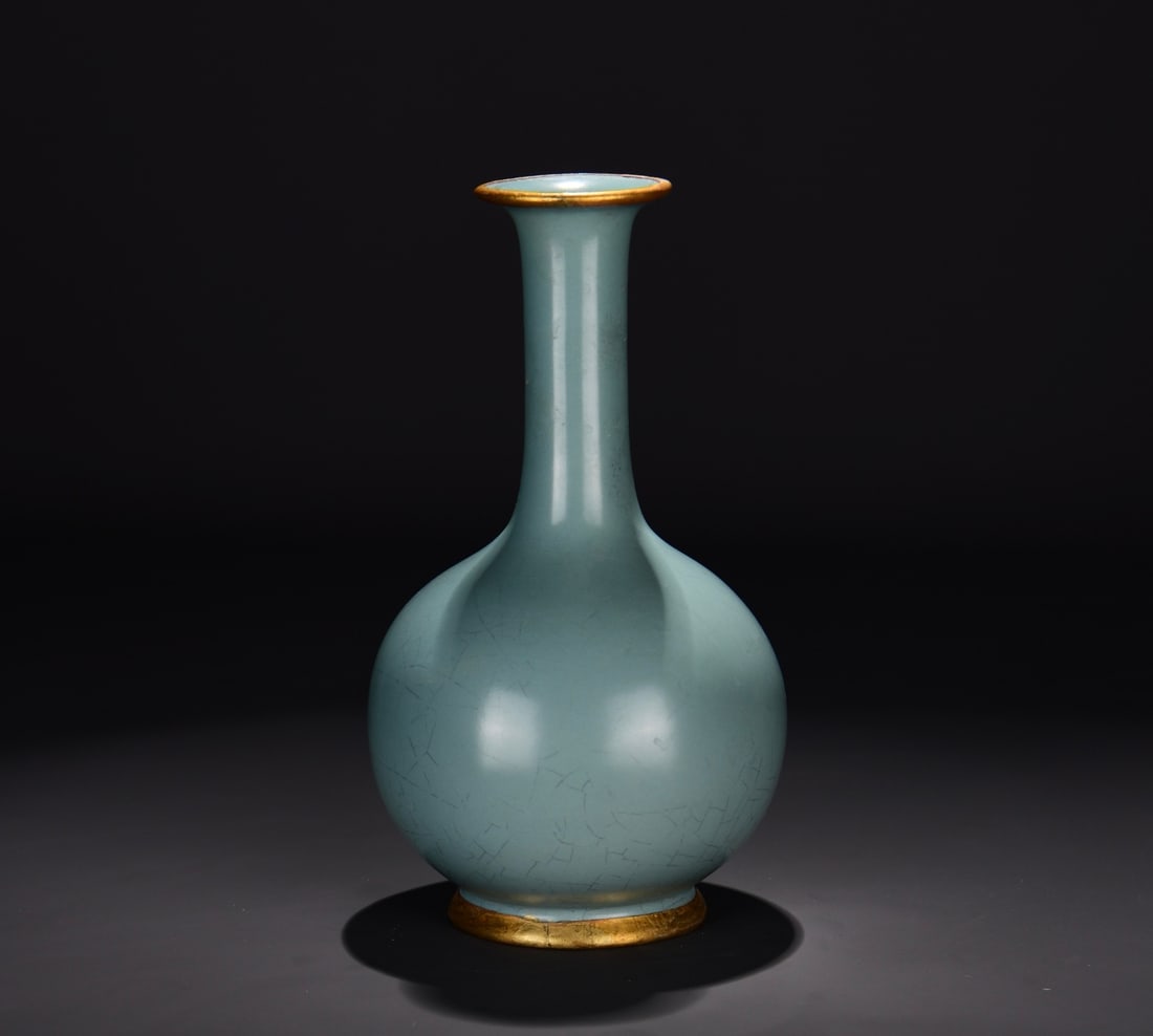 A RU TYPE SKY-BLUE GLAZED TYPE 'IMPERIAL INSCRIPTION' LONG-NECK VASE (1 of 9)
