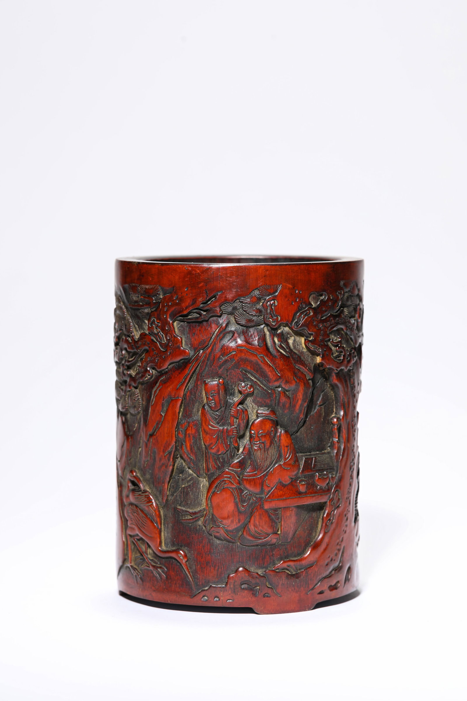 A BAMBOO CARVED 'PINE AND CRANE FOR LONGEVITY' BRUSH POT (1 of 6)
