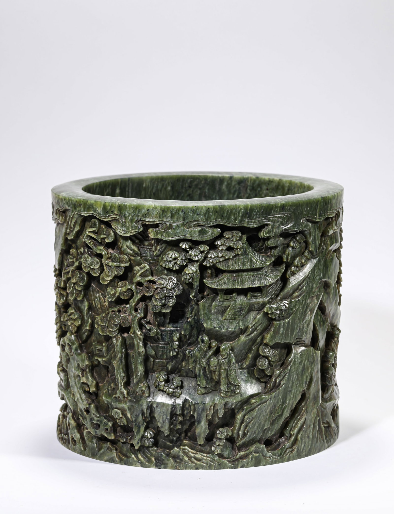 A SPINACH JADE CARVED 'SCHOLAR UNDER PINES' BRUSH POT (1 of 7)