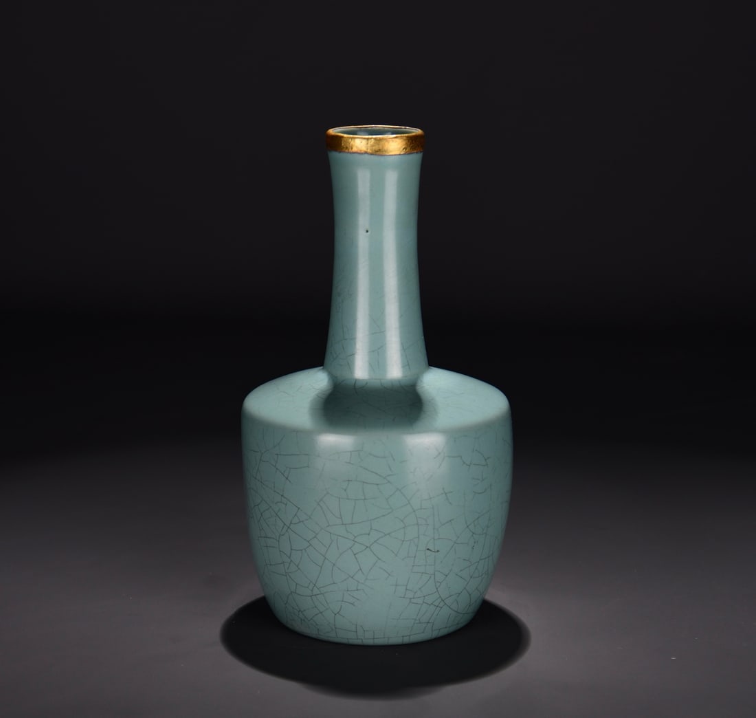 A RU TYPE SKY-BLUE GLAZED GOLD-MOUTH 'IMPERIAL INSCRIPTION' VASE (1 of 9)