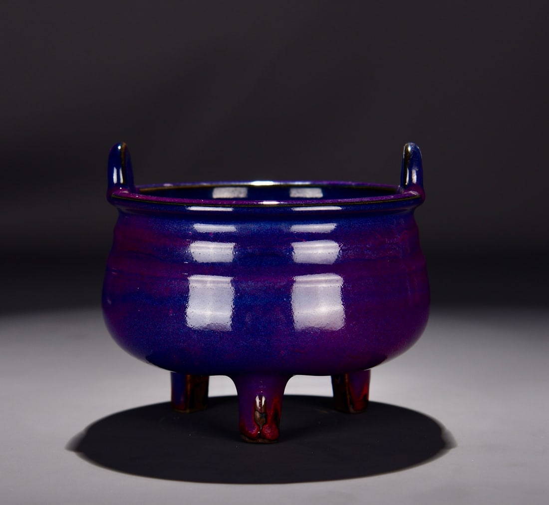 A JUN TYPE EGGPLANT-PURPLE GLAZED TRIPOD DOUBLE-HANDLE CENSER (1 of 9)